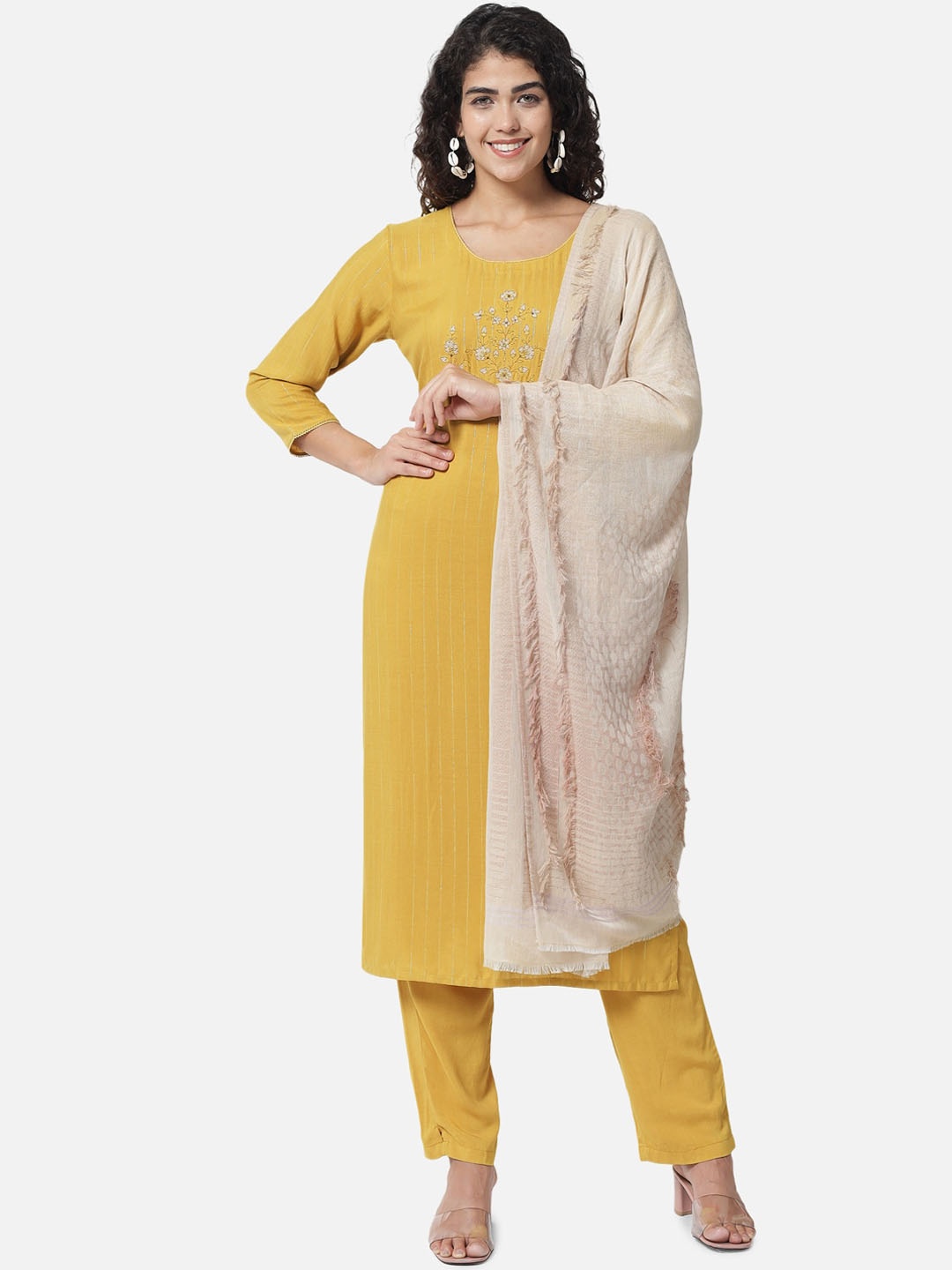 

Jansi Women Yellow Layered Kurti with Trousers & With Dupatta