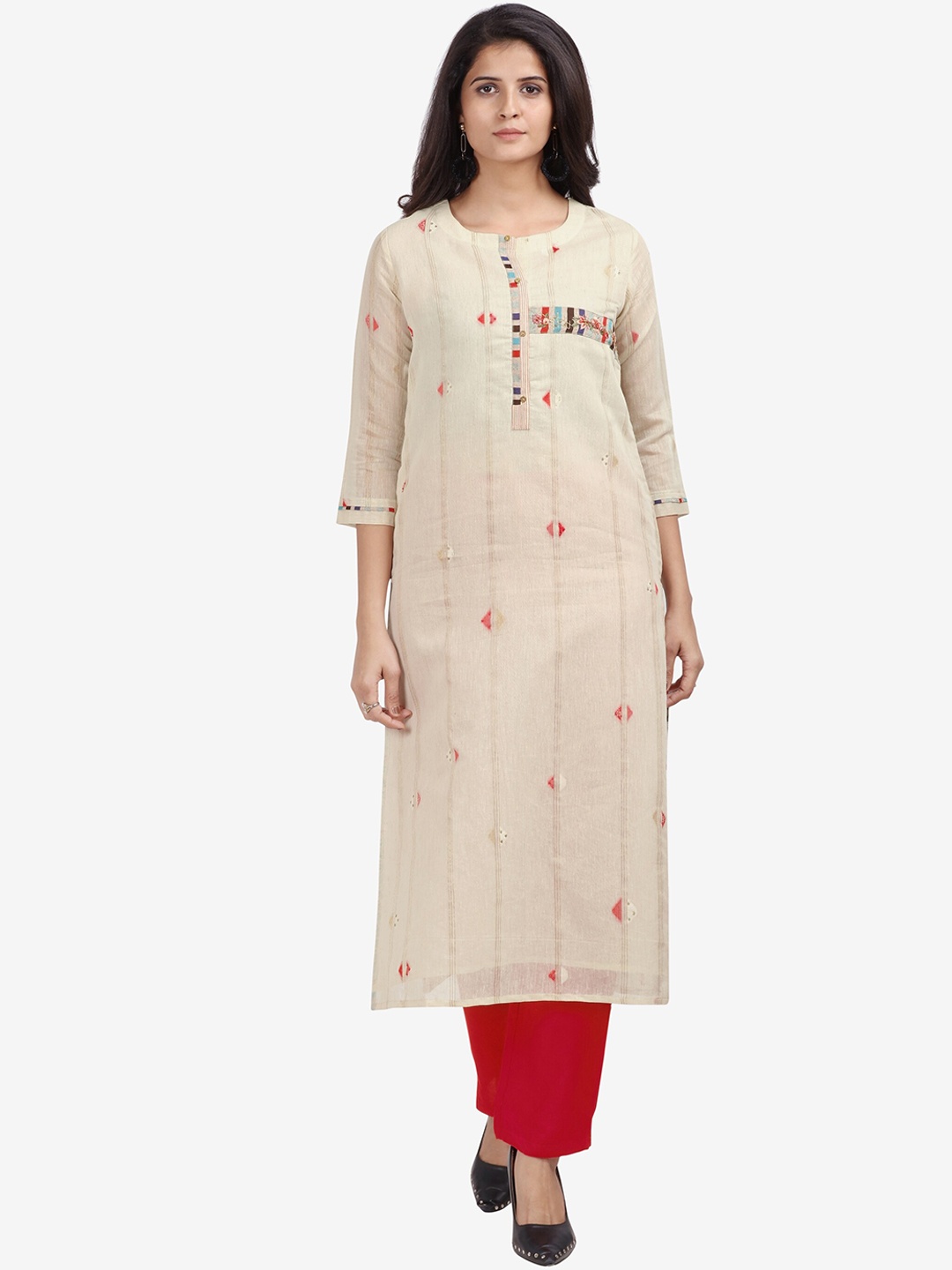 

Jansi Women Cream-Coloured Floral Embroidered Linen Kurti with Trousers