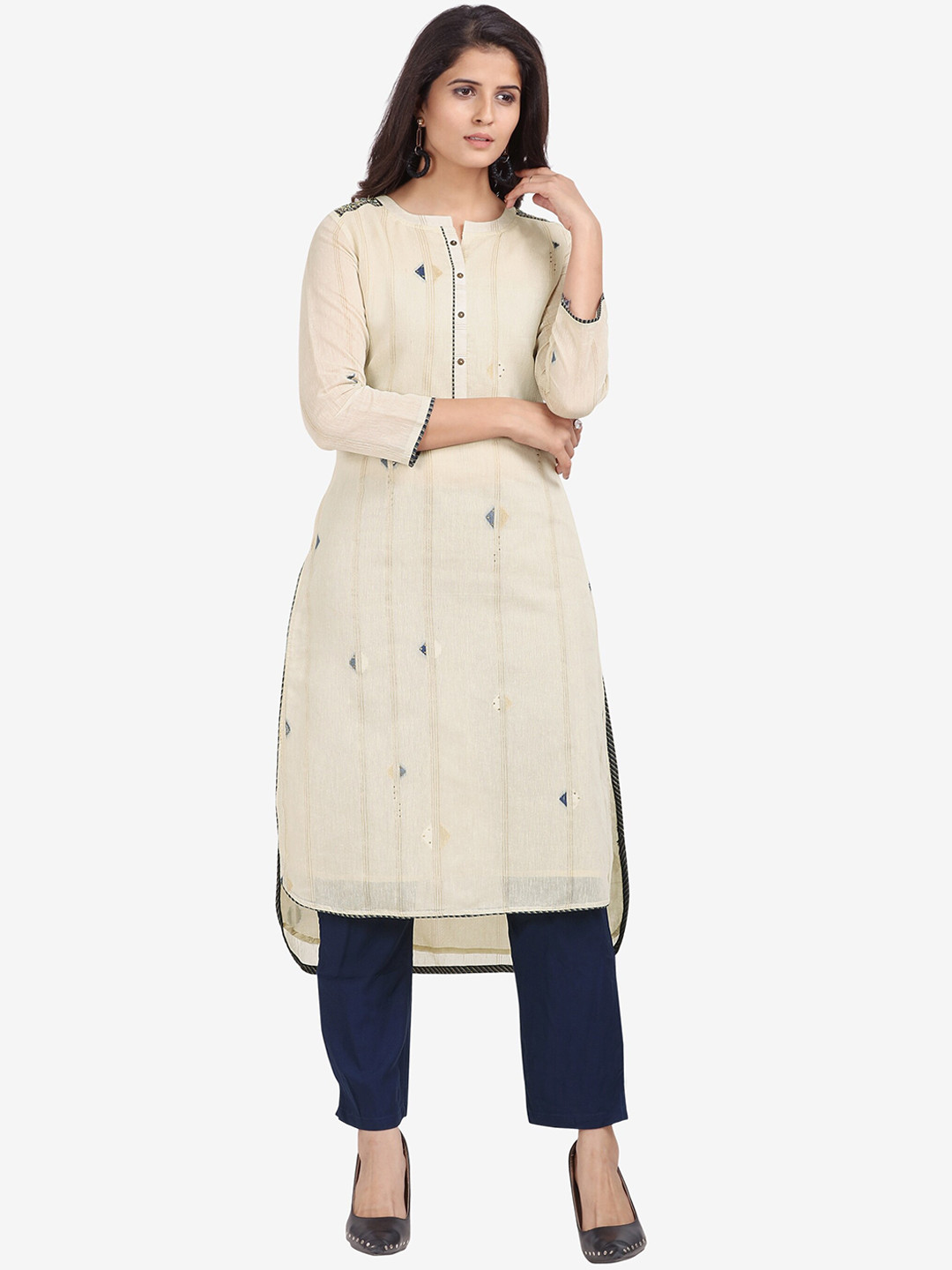 

Jansi Women Cream-Coloured Layered Linen Kurti with Trousers & With Dupatta