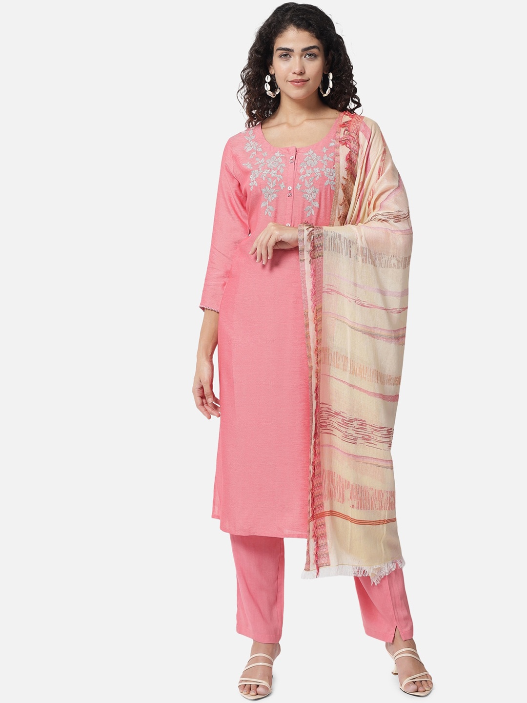 

Jansi Women Pink Embroidered Kurta with Trousers & With Dupatta