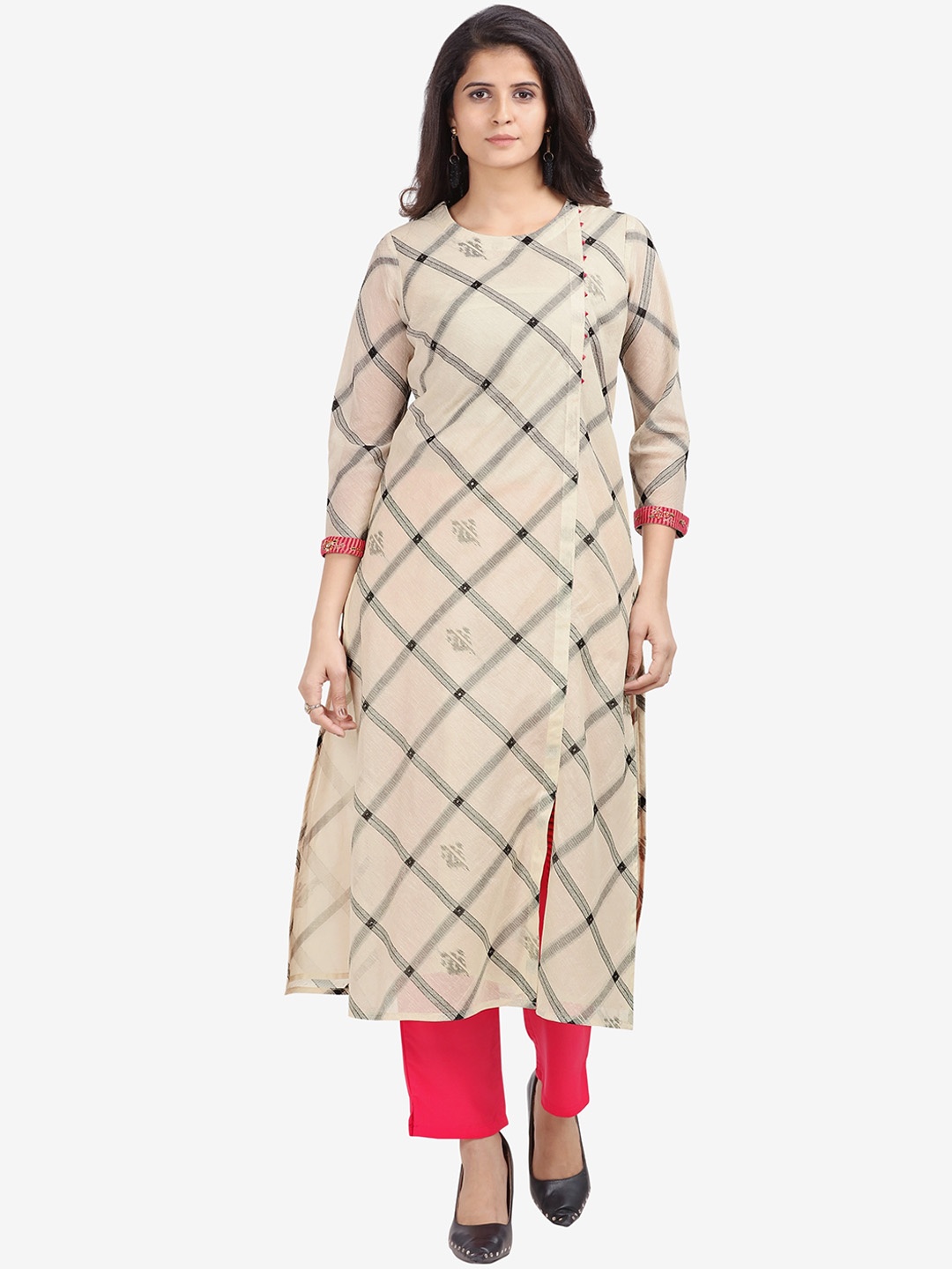 

Jansi Women Cream-Coloured Printed Layered Linen Kurti with Trousers