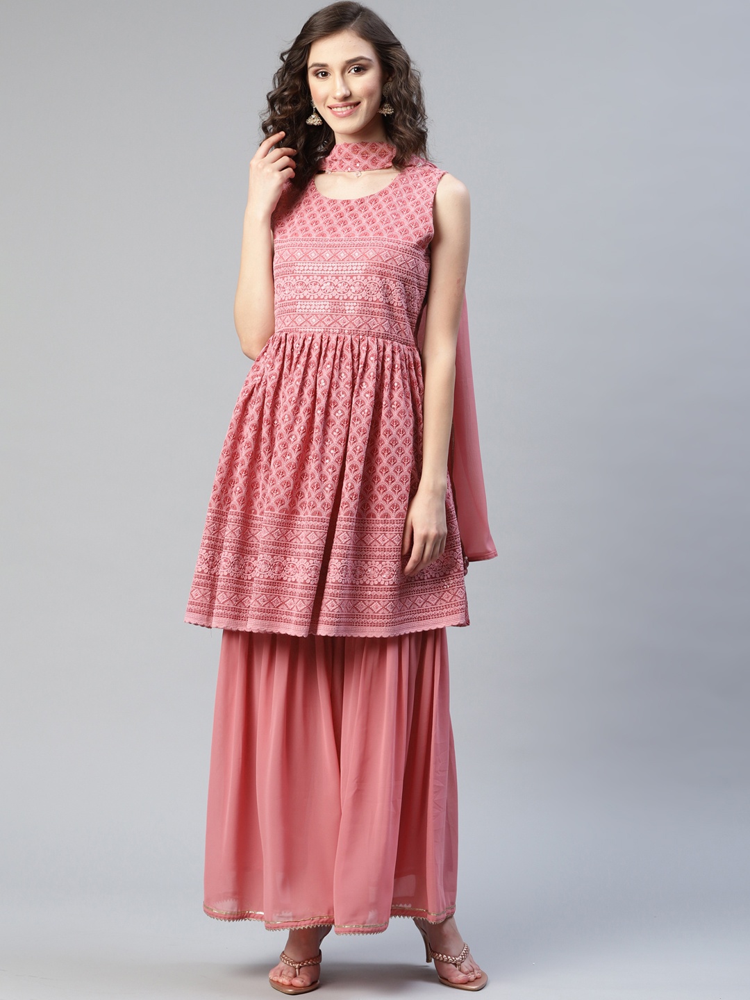 

Readiprint Fashions Women Mauve Embroidered Kurta with Sharara & Dupatta