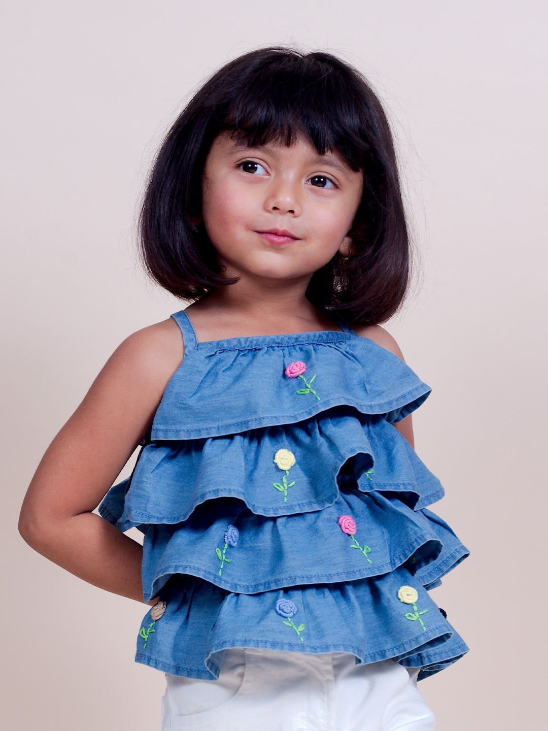 

Little Carrot Blue & french middle red purple Embellished Layered Indigo Denim Tiered Top