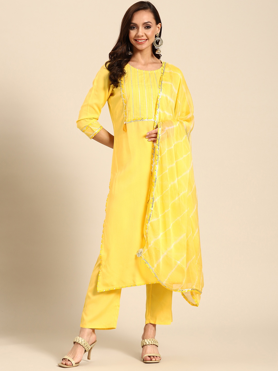 

Prakhya Women Yellow Yoke Design Gotta Patti Kurta with Trousers & With Dupatta