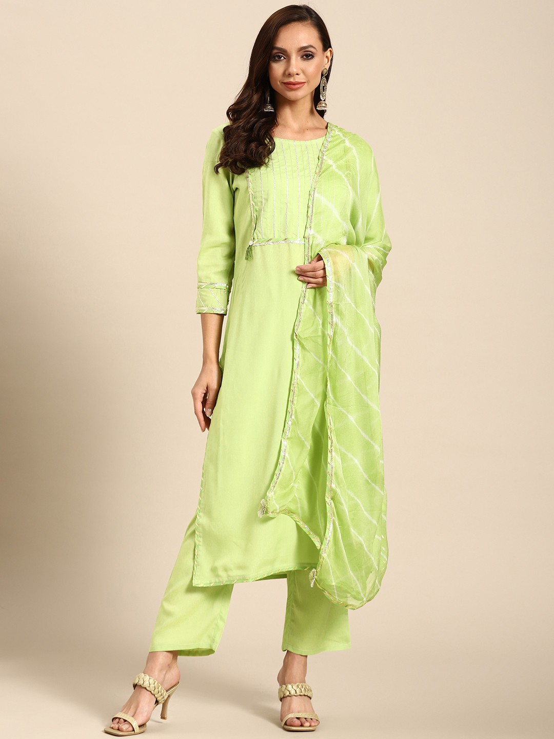 

Prakhya Women Green Yoke Design Gotta Patti Kurta with Trousers & With Dupatta