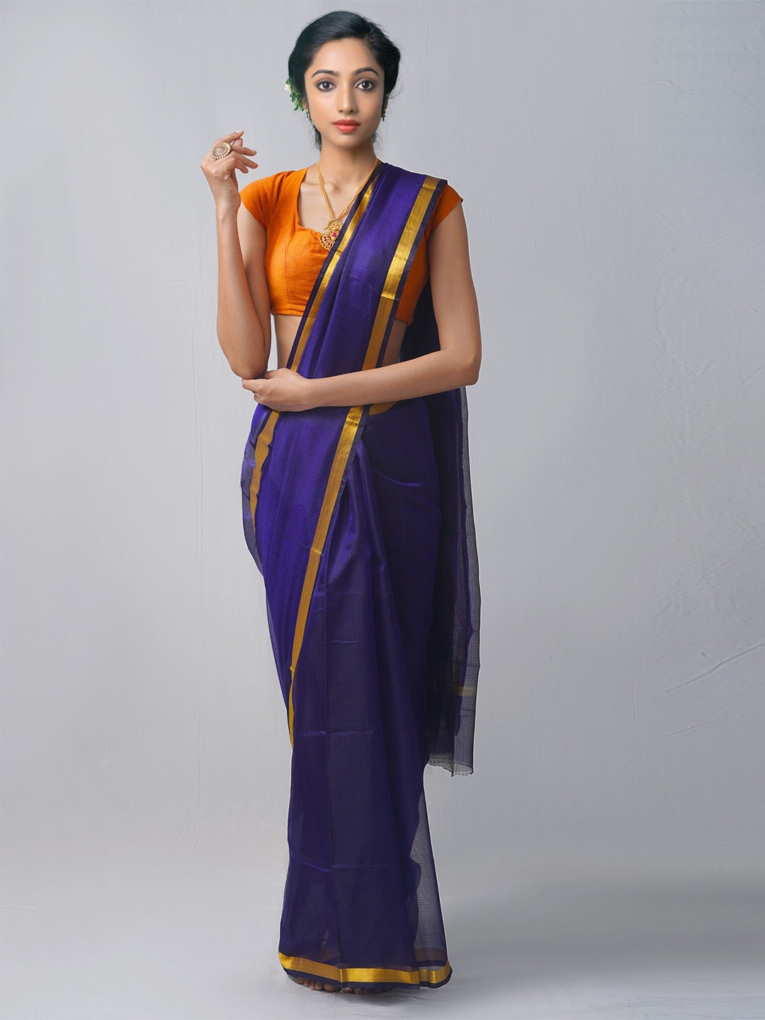 

Unnati Silks Navy Blue & Gold-Toned Woven Design Zari Pure Silk Kota Saree