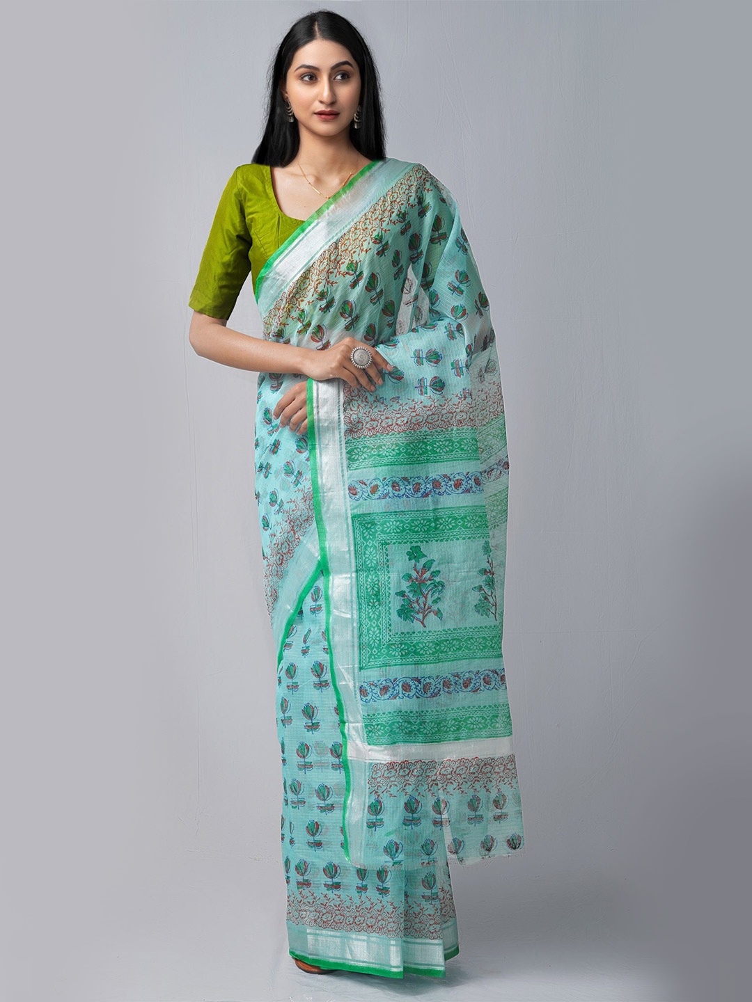 

Unnati Silks Green & Blue Ethnic Motifs Pure Cotton Block Print Saree
