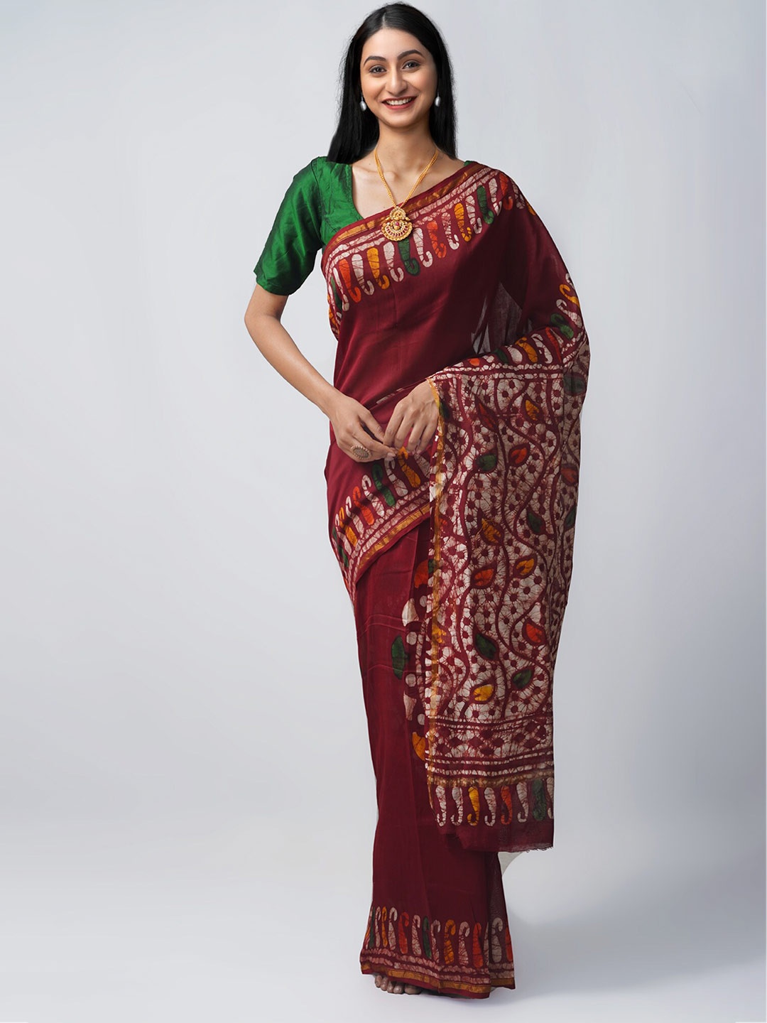 

Unnati Silks Maroon & Green Batik Silk Cotton Chanderi Saree