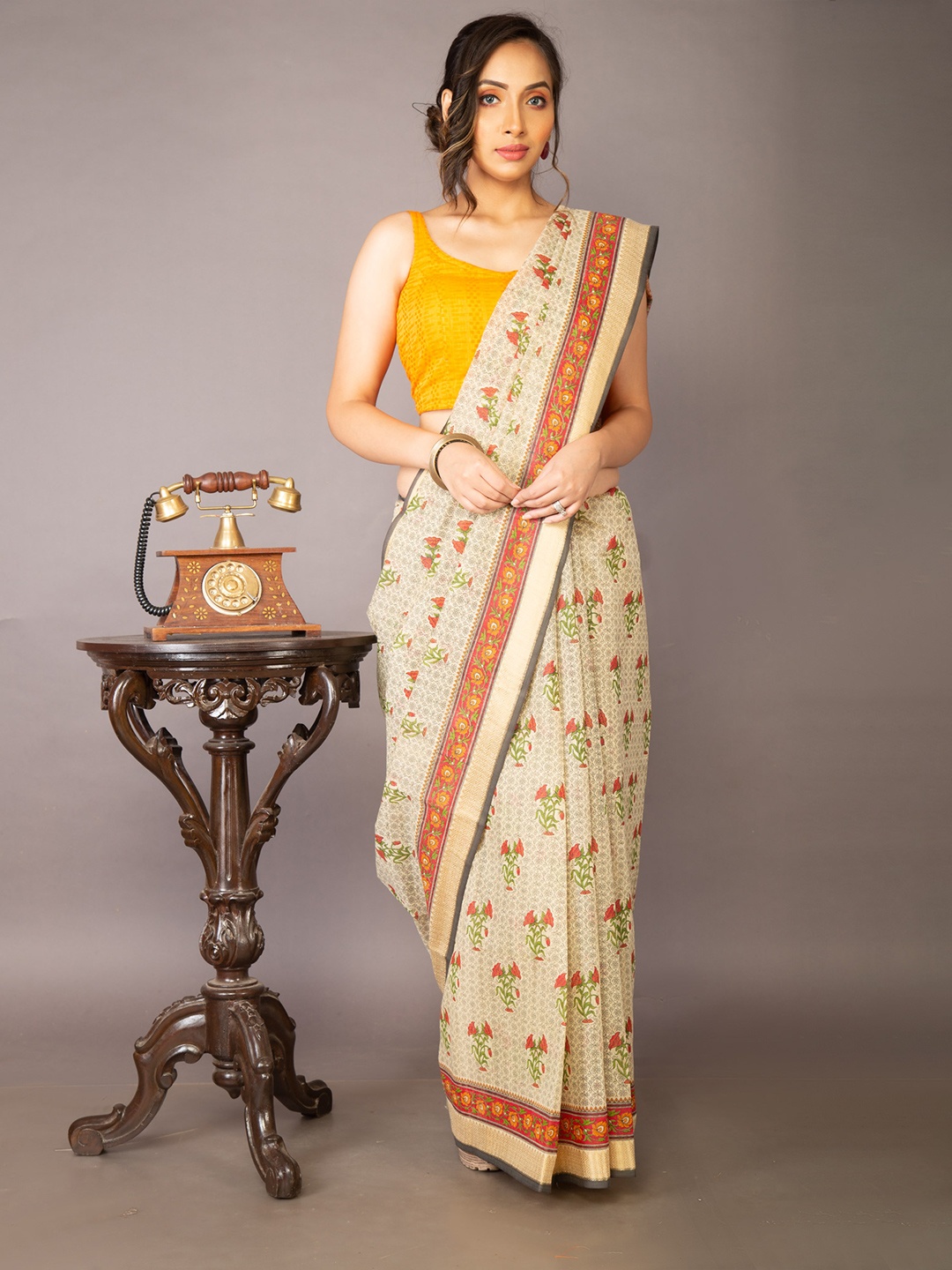 Unnati Silks Pink & Green Ethnic Motifs Zari Silk Cotton Chanderi Saree