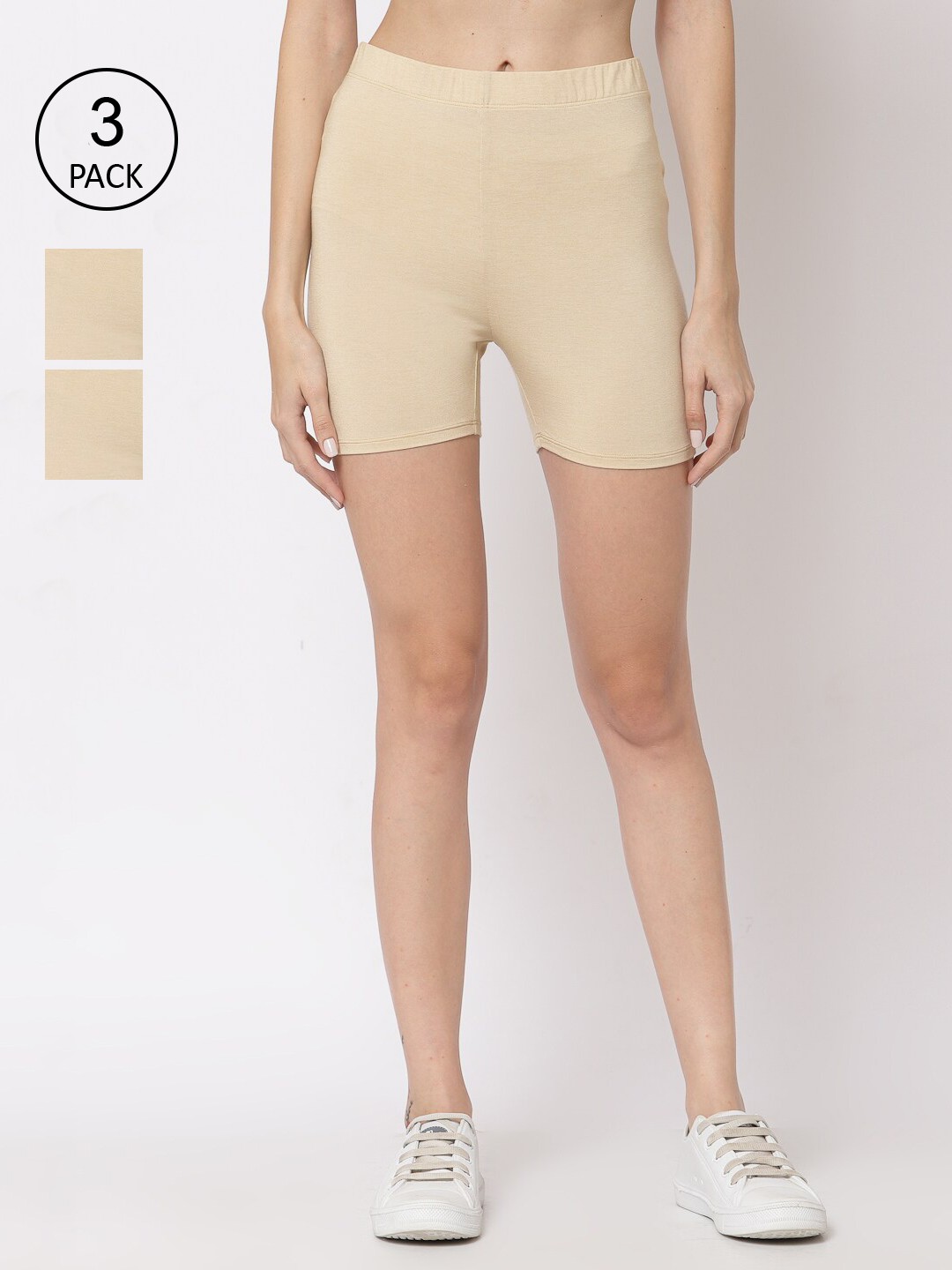 

YOONOY Women Set Of 3 Nude-Coloured Skinny Fit Cycling Sports Shorts