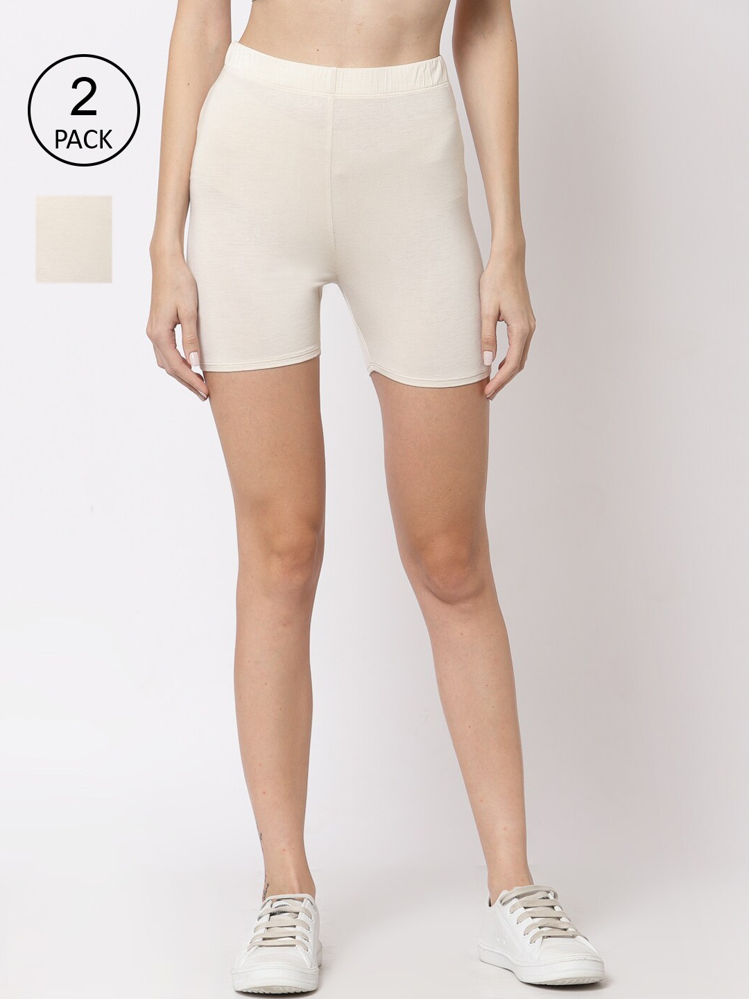 

YOONOY Women Set Of 2 Off White Skinny Fit Cycling Sports Shorts