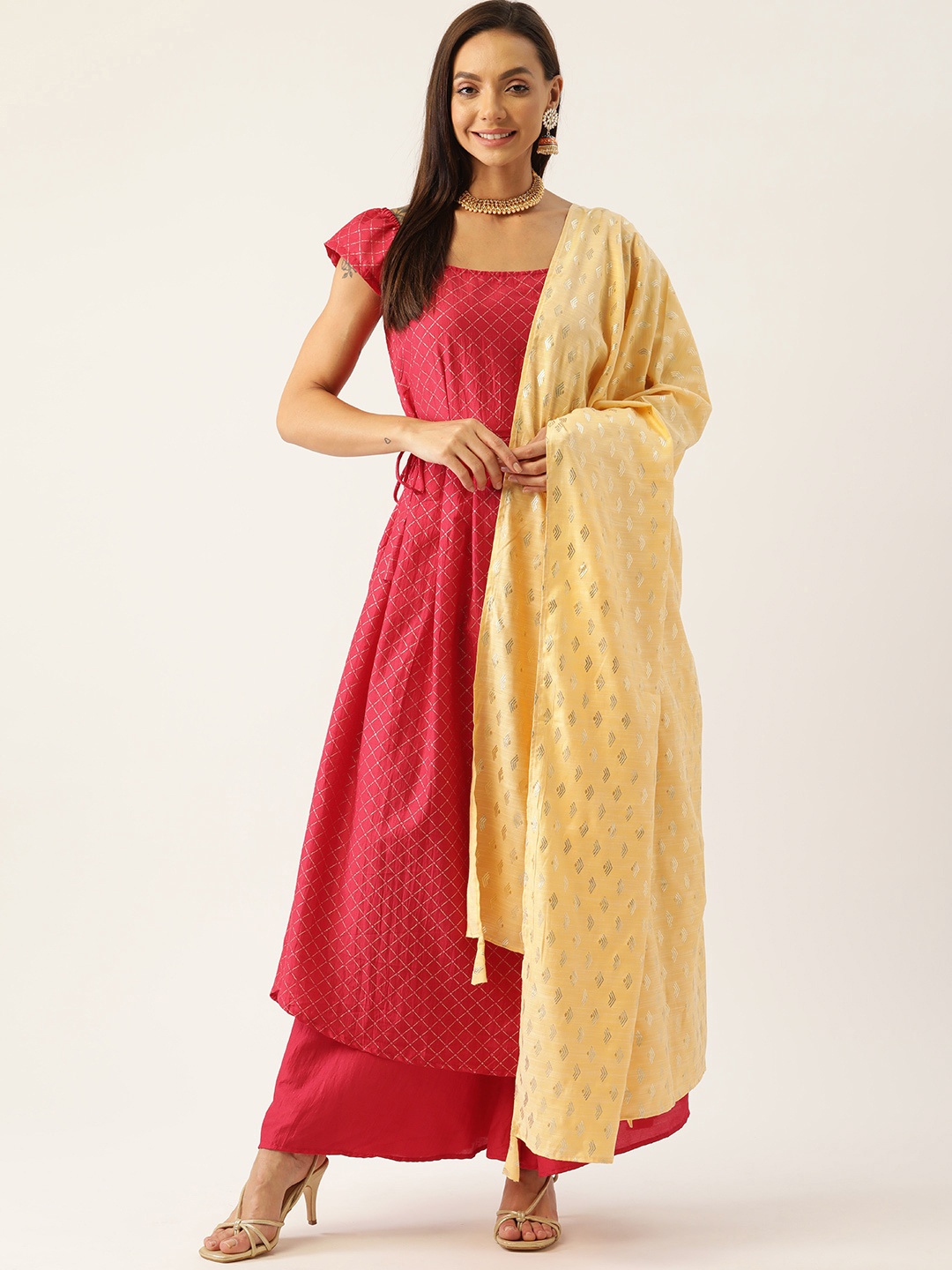

InWeave Women Red Printed Kurta with Palazzos & With Dupatta