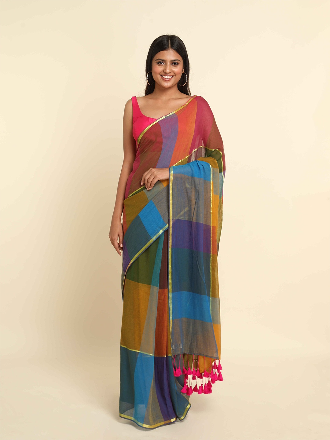 

Suta Green & Blue Colourblocked Zari Saree