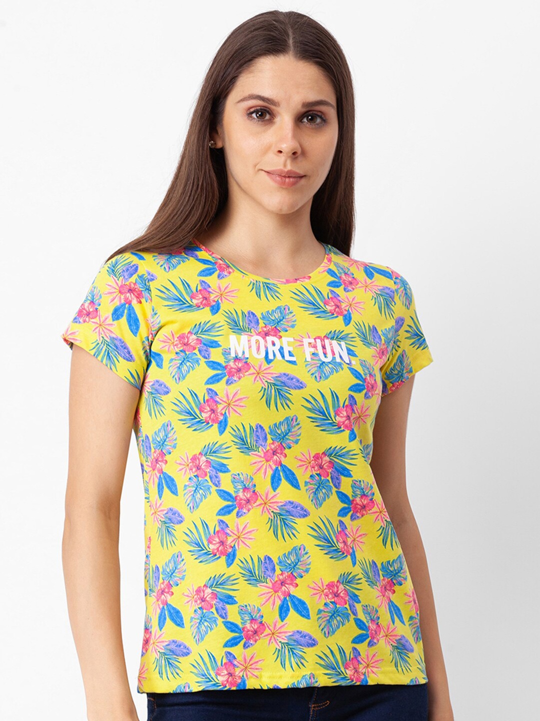 

Globus Women Yellow Floral Printed Pure Cotton T-shirt
