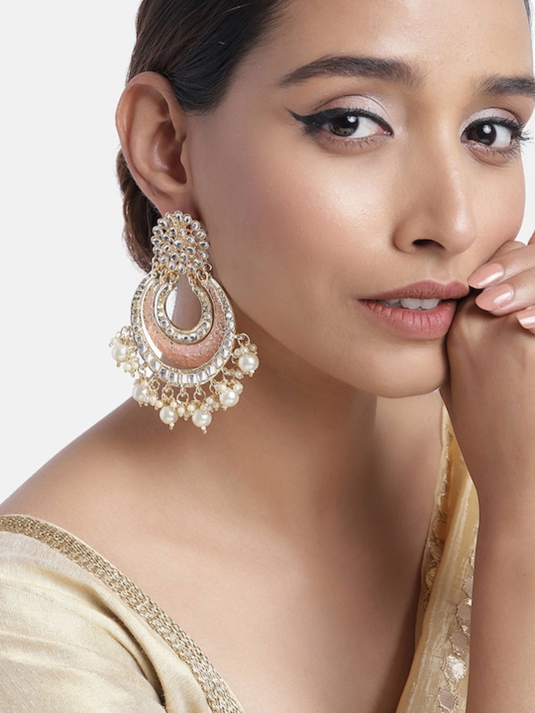 

I Jewels Gold-Toned & Peach-Coloured Teardrop Shaped Chandbalis Earrings