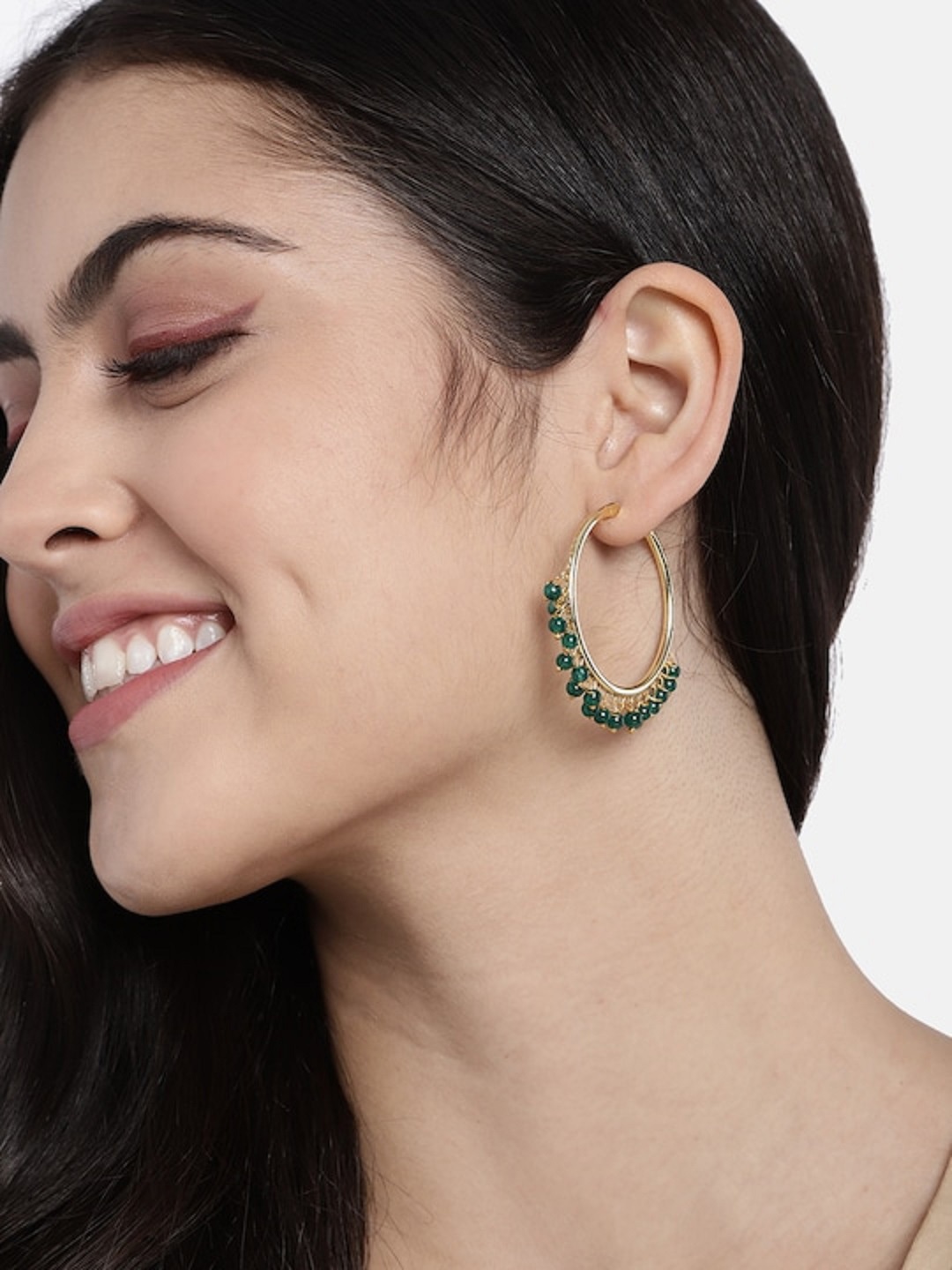 

I Jewels Gold-Toned & Green Beaded Circular Hoop Earrings