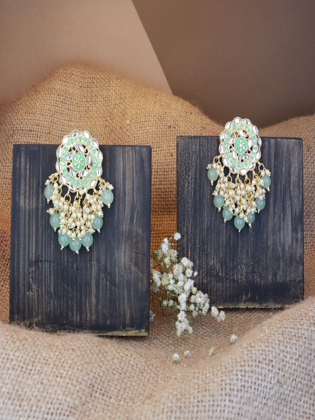 

I Jewels Gold-Toned & Green Teardrop Shaped Drop Earrings