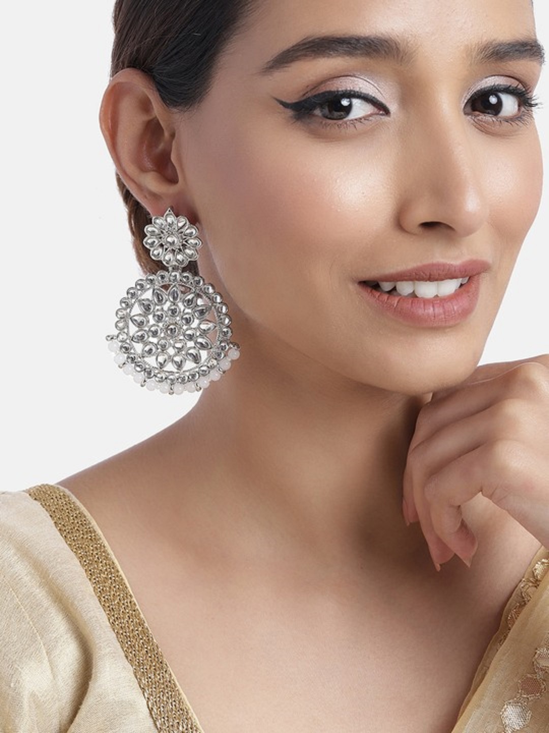 

I Jewels Silver-Toned & White Teardrop Shaped Chandbalis Earrings