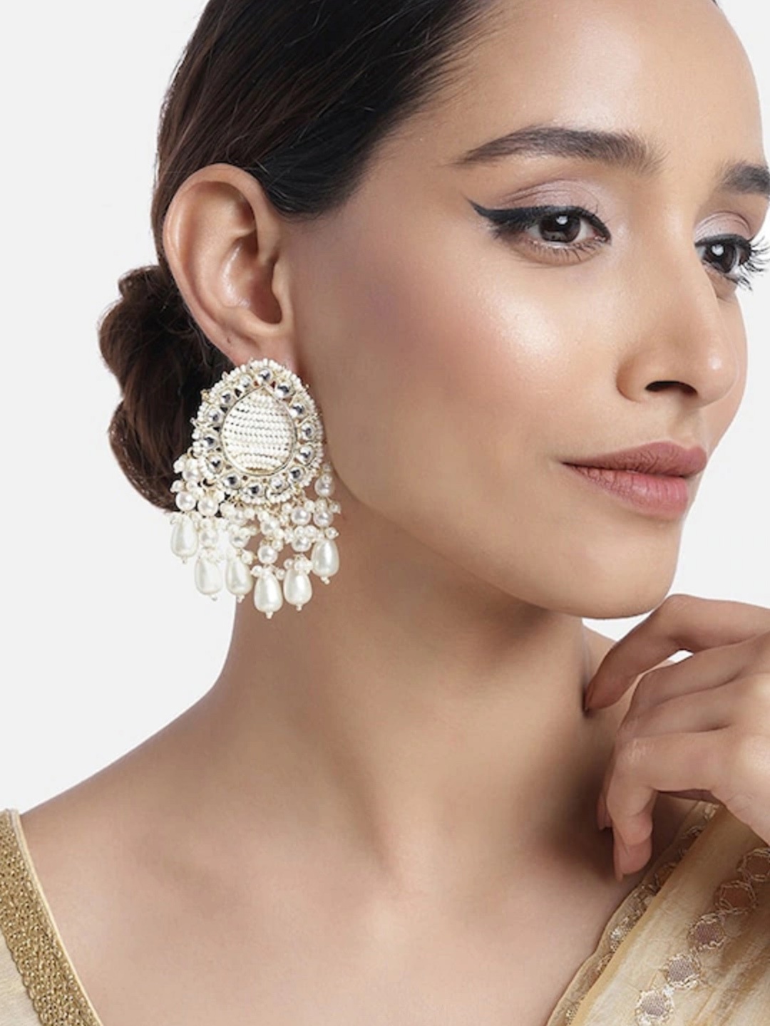 

I Jewels Gold-Toned & White Teardrop Shaped Drop Earrings