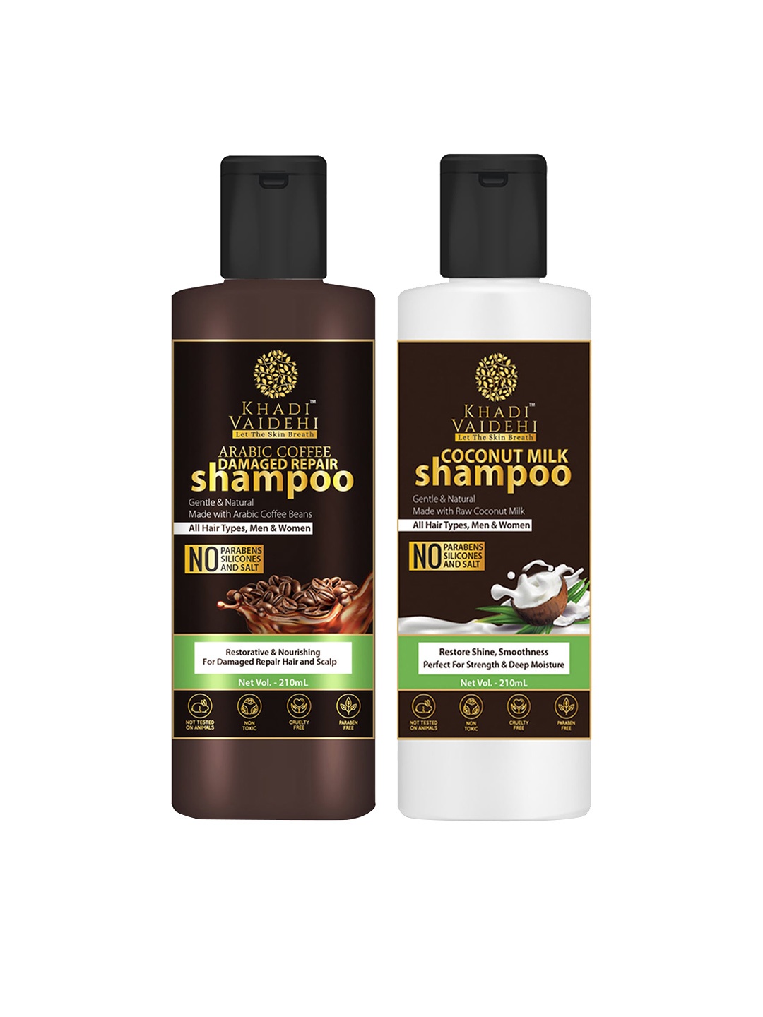 

Khadi Vaidehi Arabic Coffee Shampoo & Coconut Milk Shampoo - 210 ml Each, Black