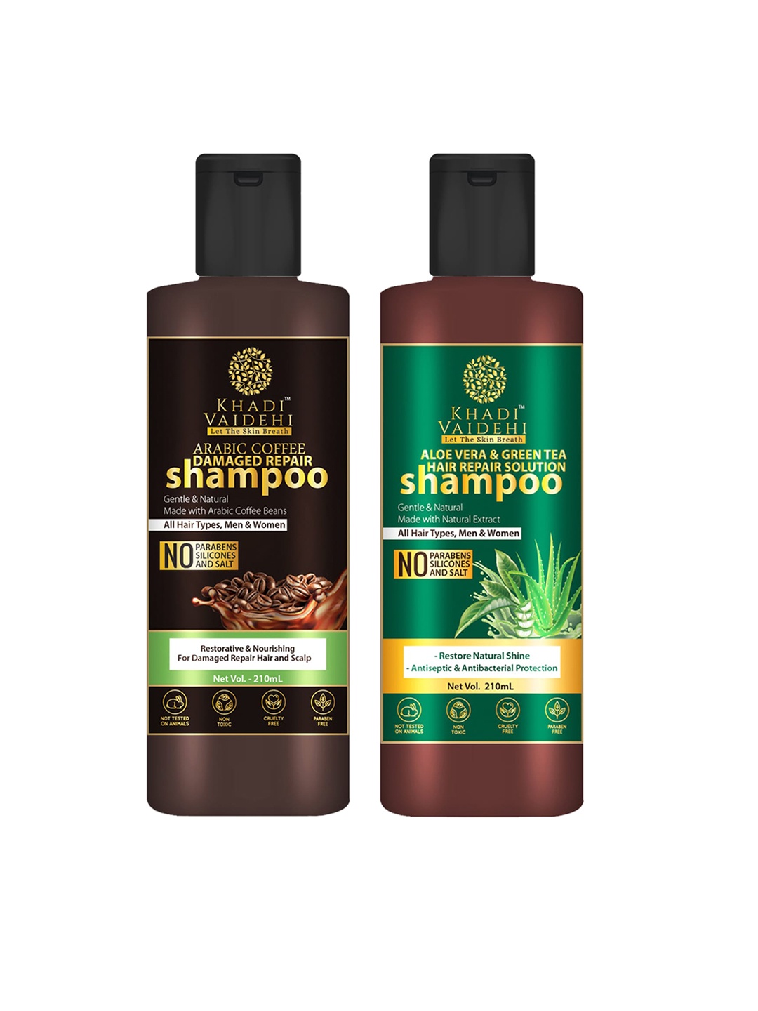 

Khadi Vaidehi Aloe Vera Hair Repair Shampoo & Arabic Coffee Shampoo - 210 ml Each, Brown