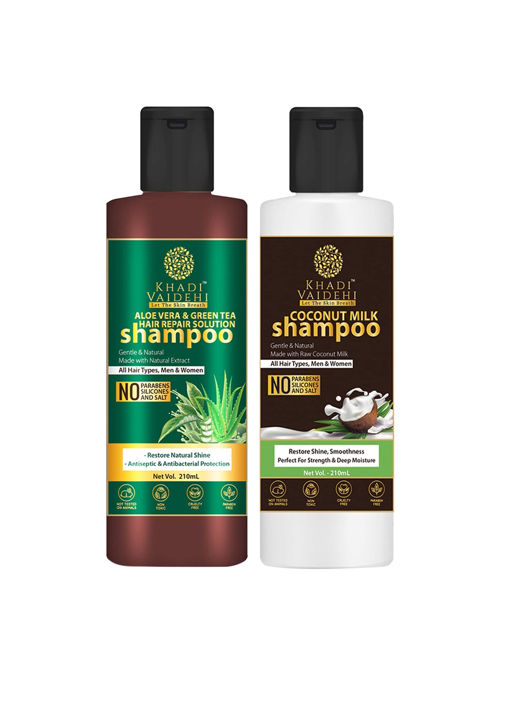 

Khadi Vaidehi Set of 2 Aloe Vera Hair Repair Shampoo & Coconut Milk Shampoo - 210 ml Each, Green