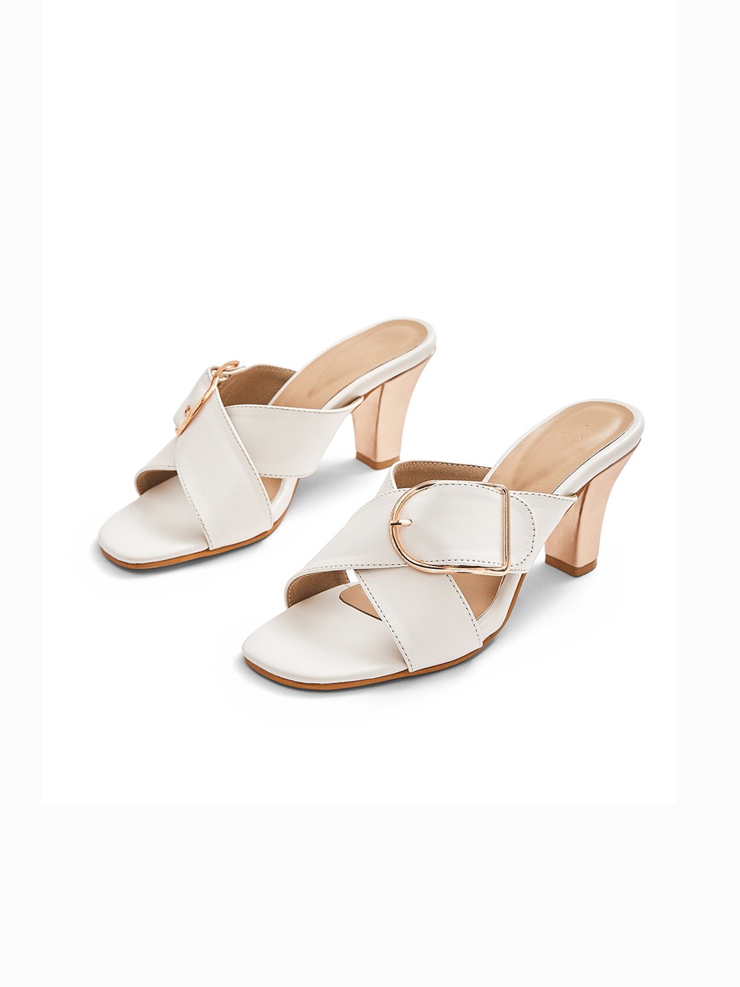 

The Label Life White Leather Block Buckle Heels