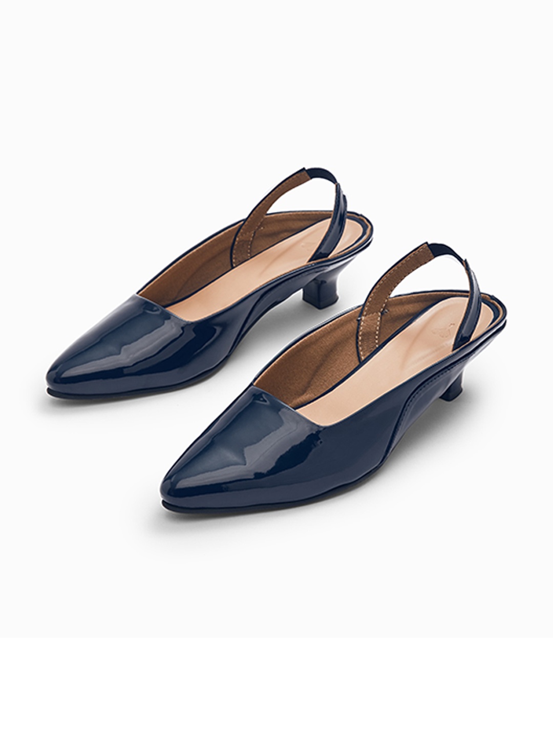 

The Label Life Blue Colourblocked Leather Pointed Toe Kitten Pumps with Buckles