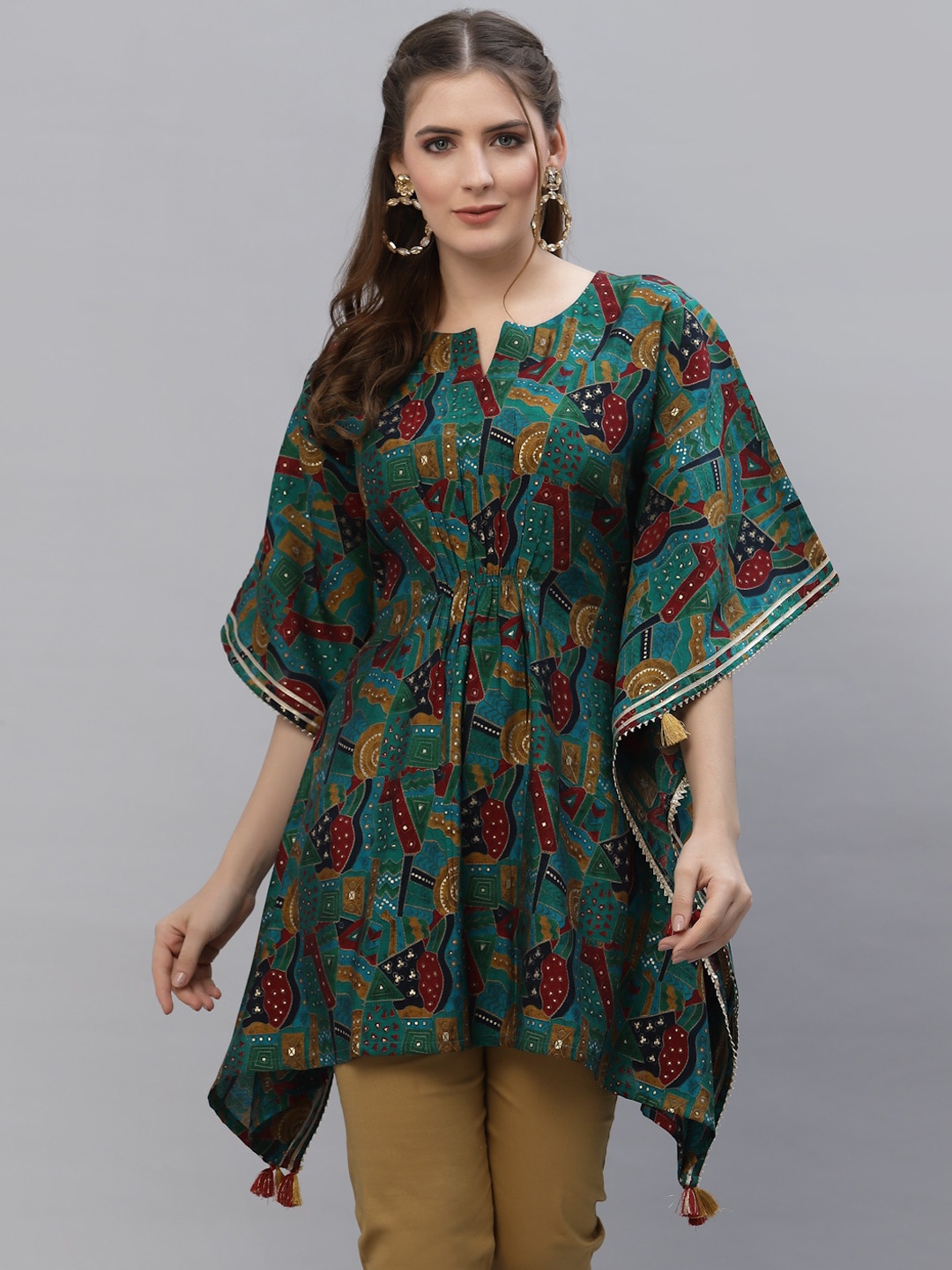 

TANKHI Women Blue Floral Flared Sleeves Patchwork Kaftan Kurta