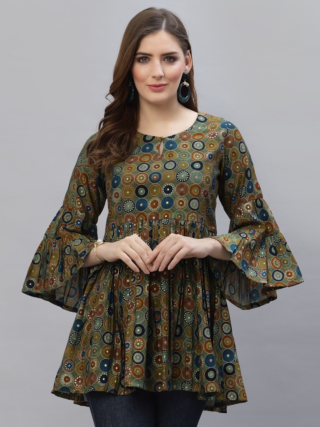 

TANKHI Green & Blue Modal Printed Tunic