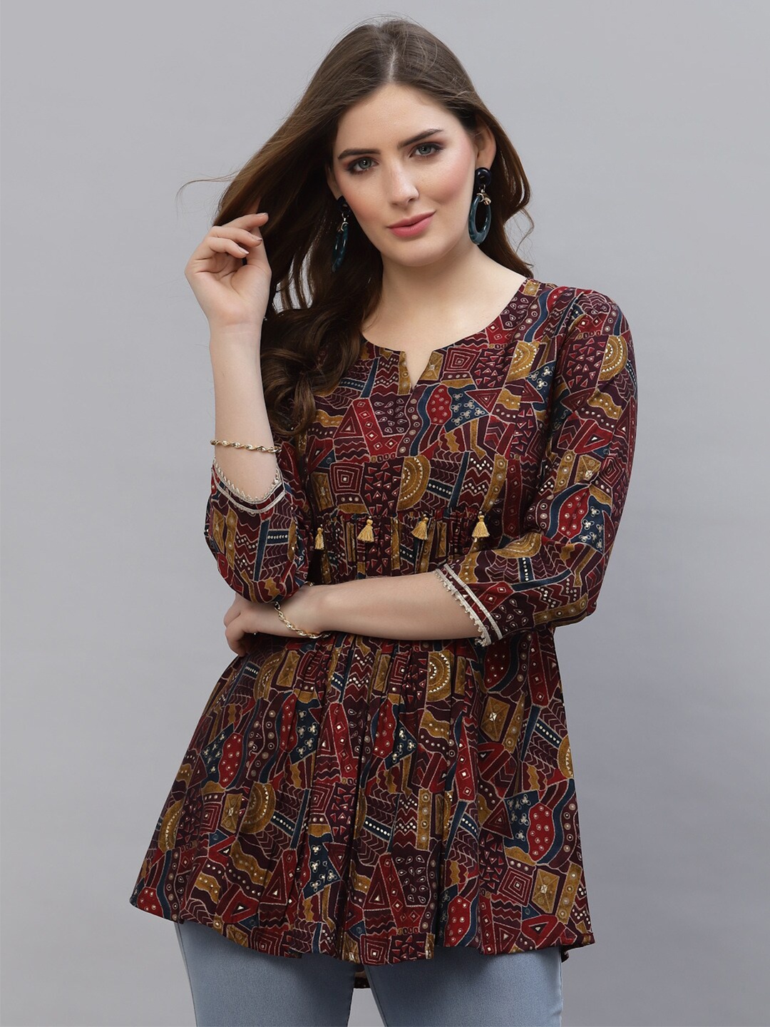 

TANKHI Maroon & Mustard Modal Printed Tunic
