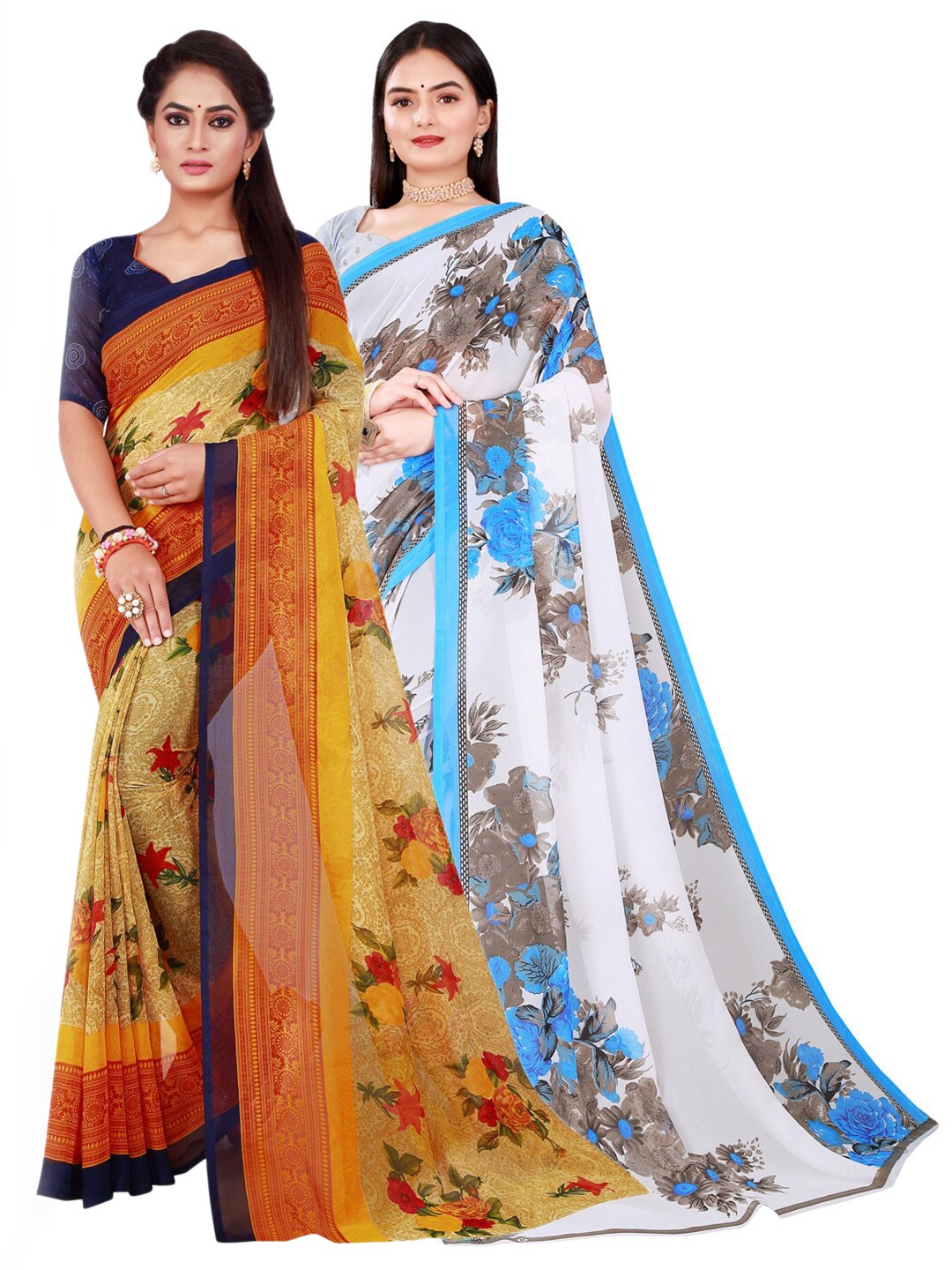 

SAADHVI Beige & Blue Pure Georgette Saree