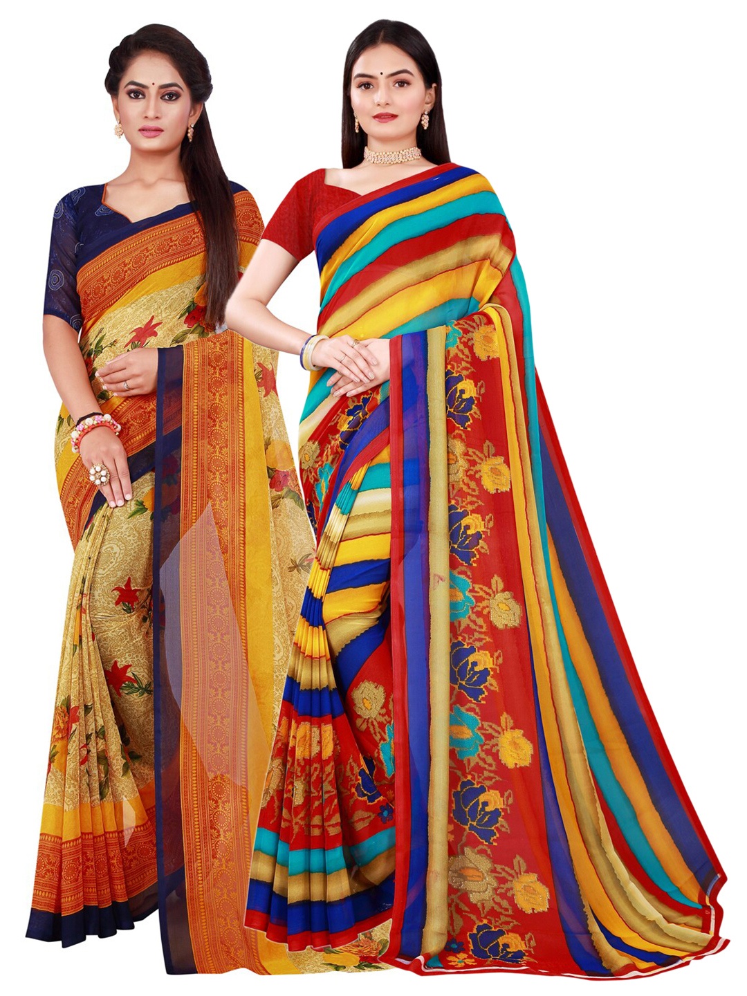 

SAADHVI Beige & Blue Pure Georgette Saree