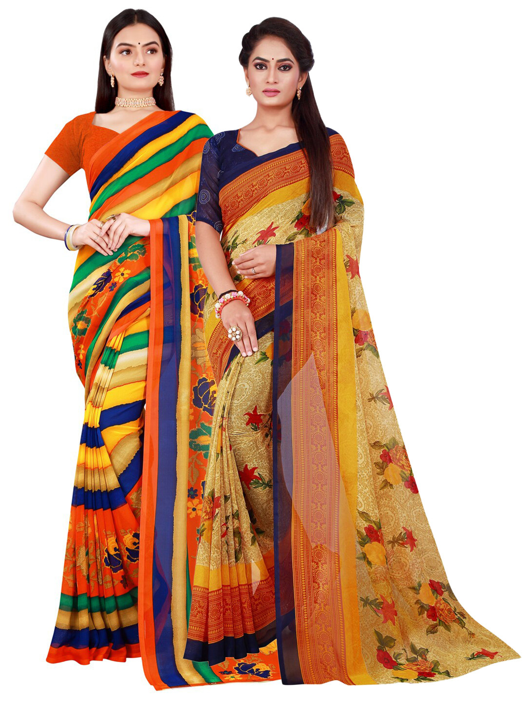

SAADHVI Beige & Blue Pure Georgette Saree