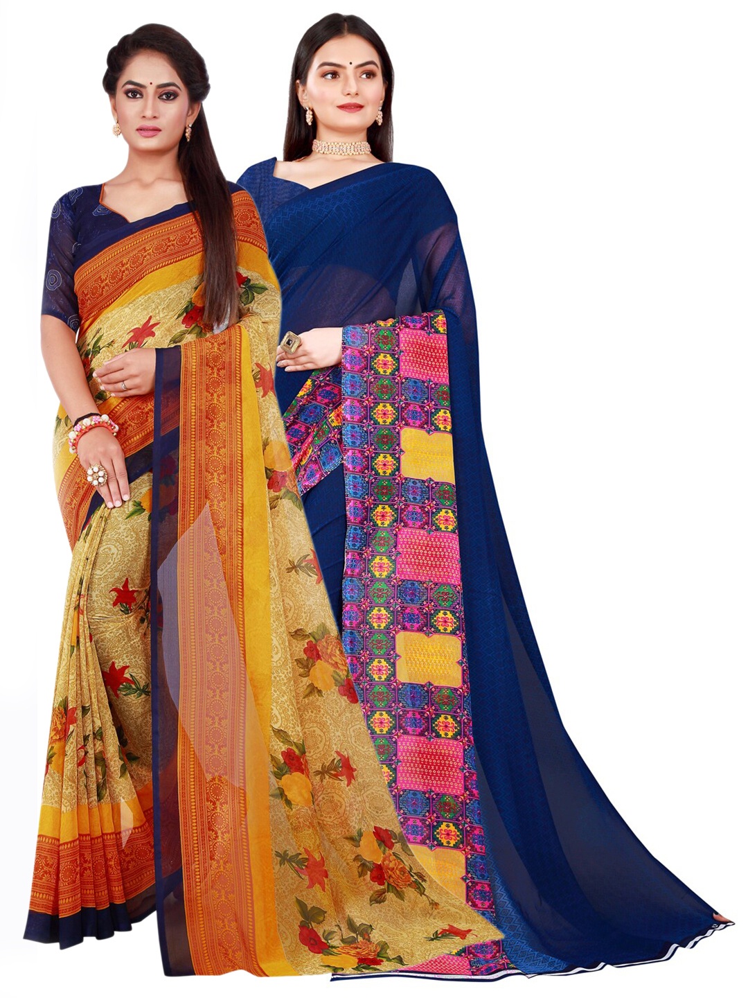 

SAADHVI Beige & Blue Pure Georgette Saree