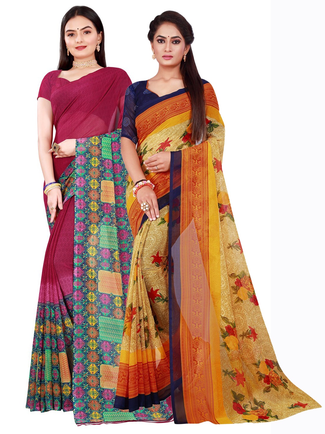 

SAADHVI Beige & Maroon Pure Georgette Saree