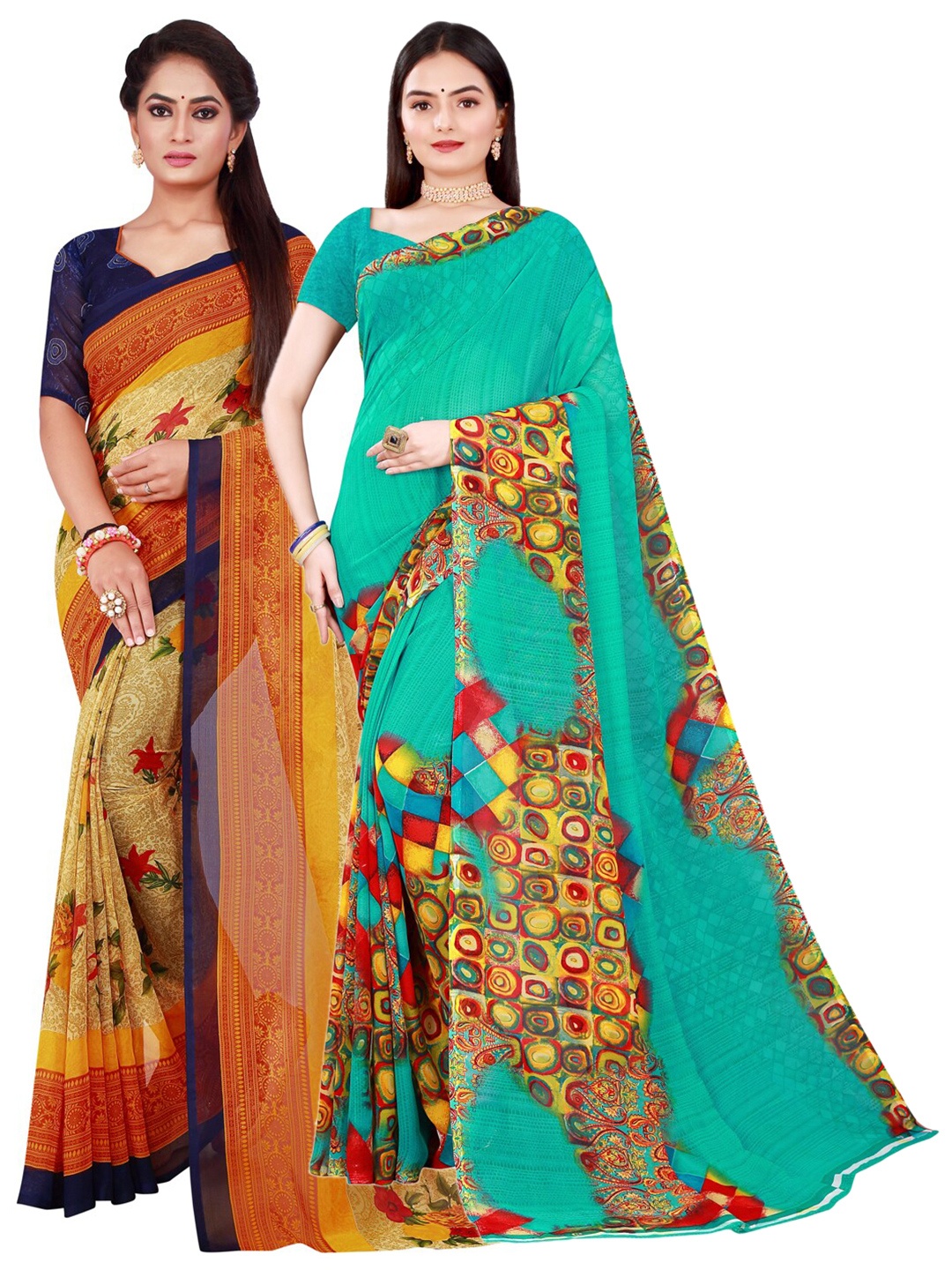 

SAADHVI Beige & Turquoise Blue Pure Georgette Saree