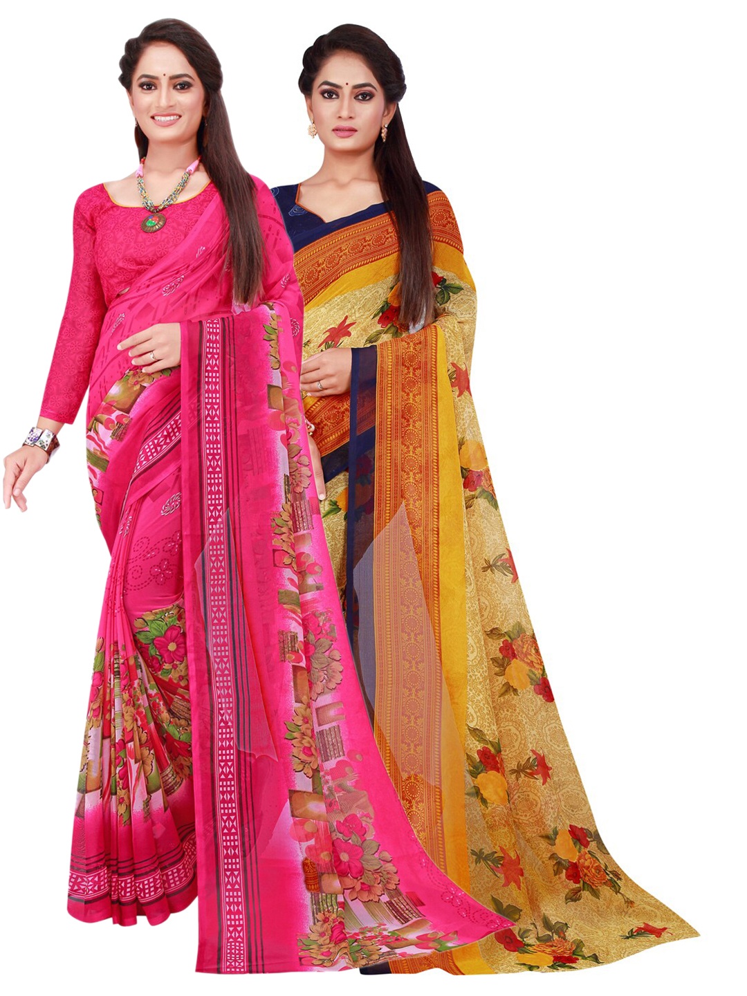 

SAADHVI Beige & Pink Pure Georgette Saree