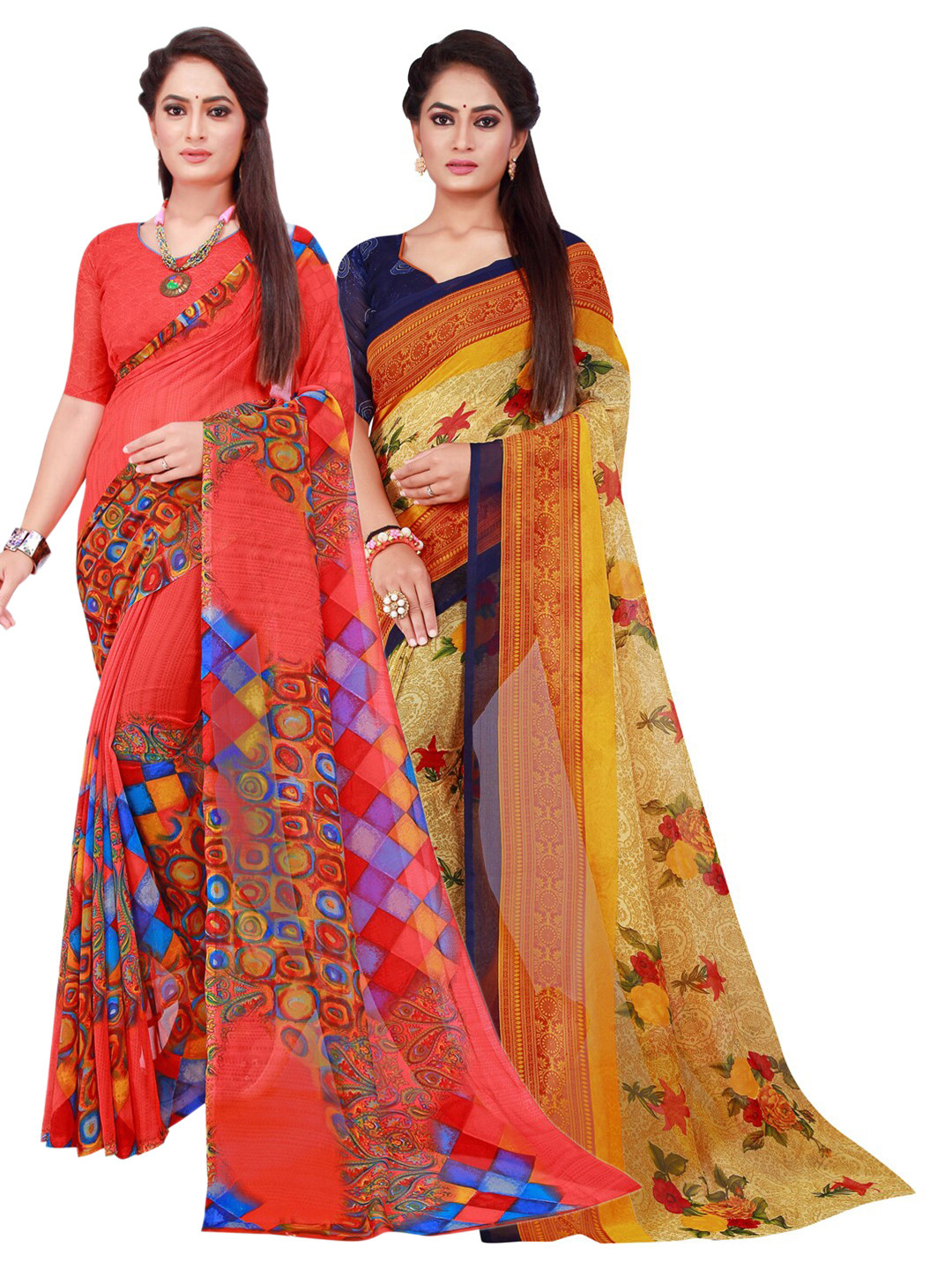 

SAADHVI Beige & Red Pure Georgette Saree