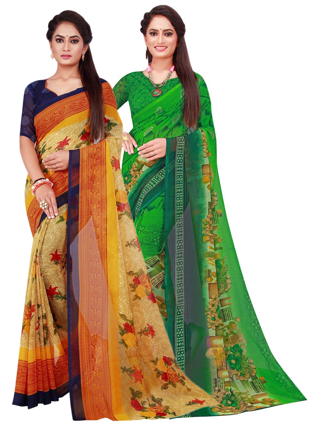 

SAADHVI Beige & Green Pure Georgette Saree