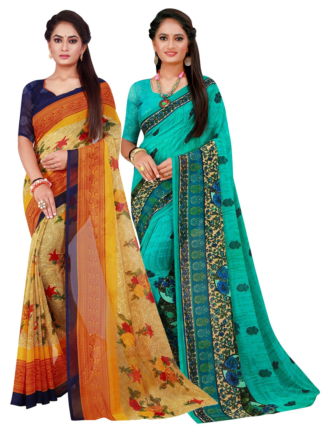 

SAADHVI Beige & Blue Pure Georgette Saree