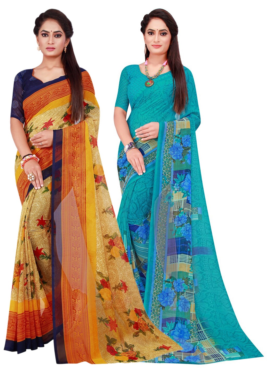 

SAADHVI Turquoise Blue & Beige Pure Georgette Saree