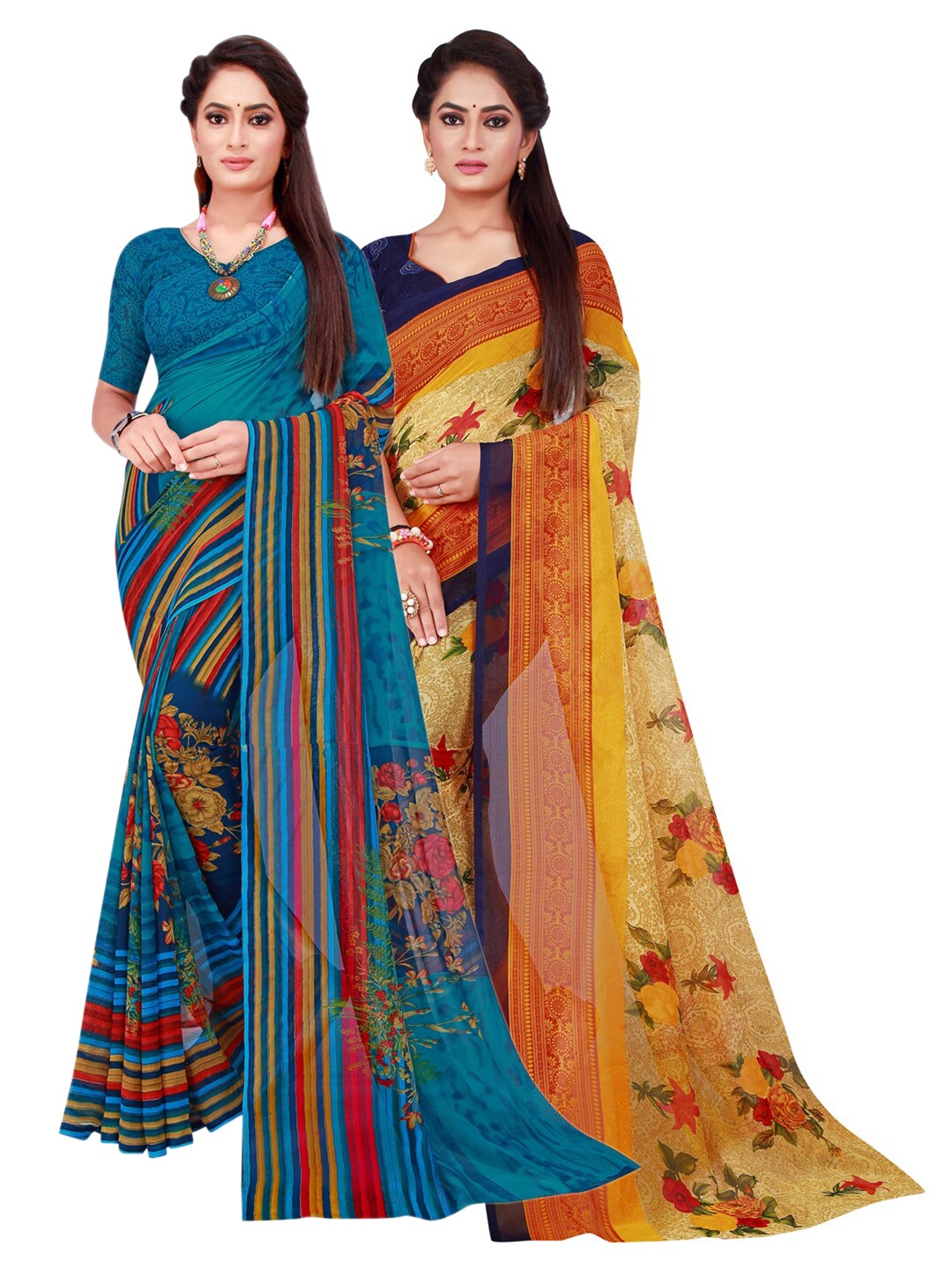 

SAADHVI Beige & Blue Pure Georgette Saree