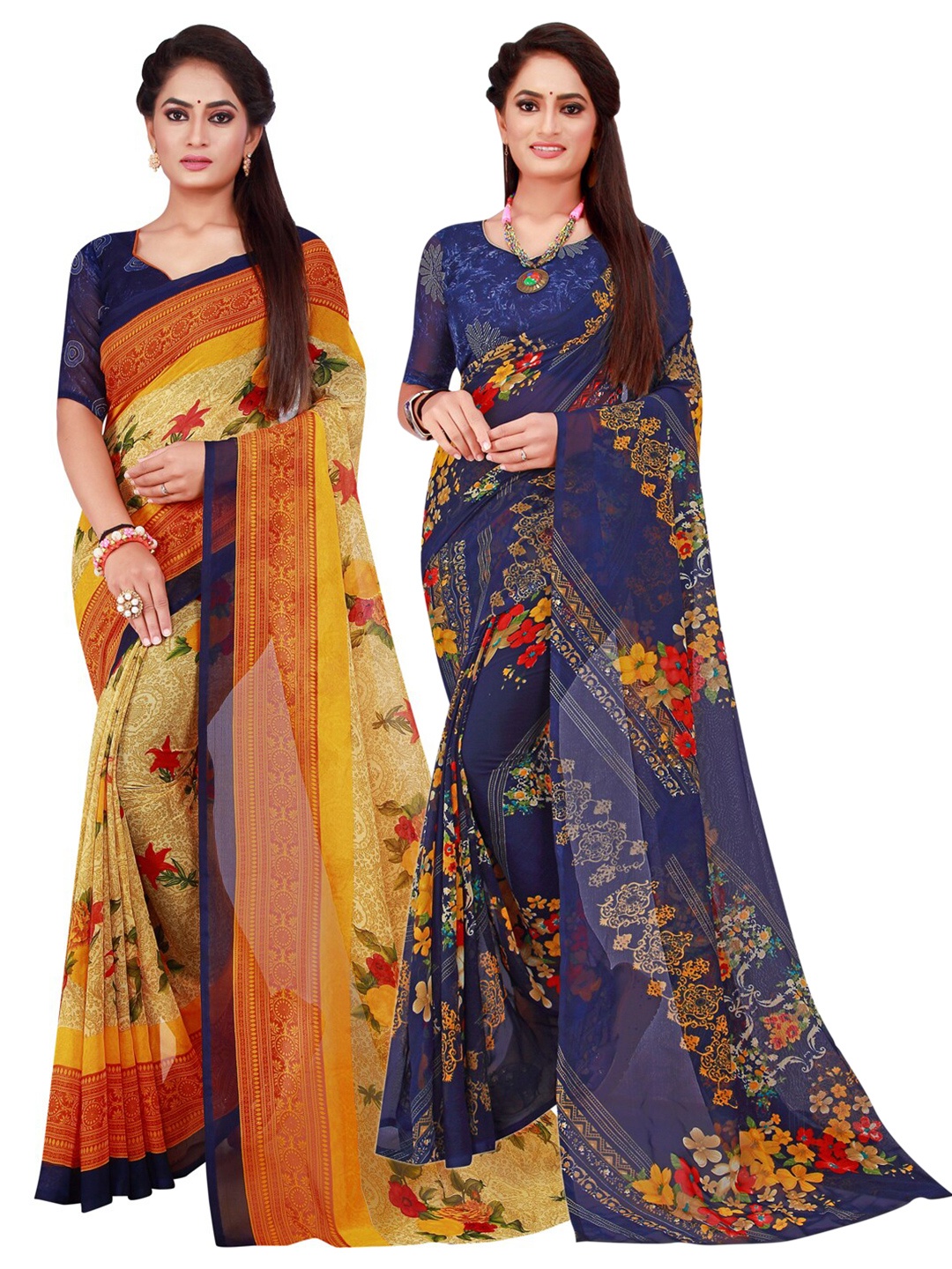 

SAADHVI Beige & Navy Blue Pure Georgette Saree