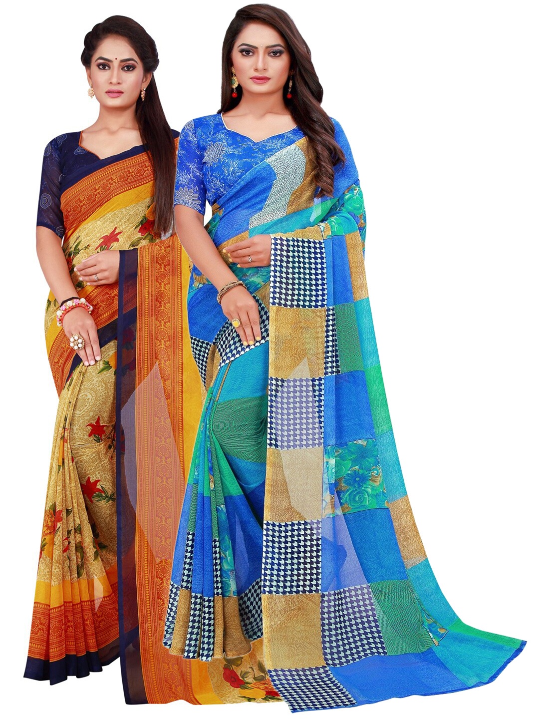 

SAADHVI Blue & Beige Pure Georgette Saree