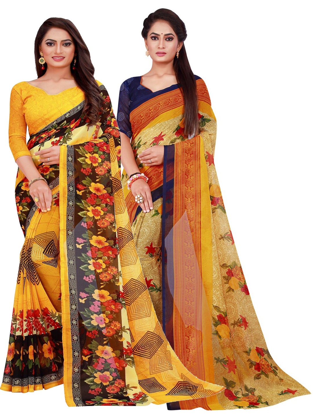 

SAADHVI Yellow & Beige Pure Georgette Saree