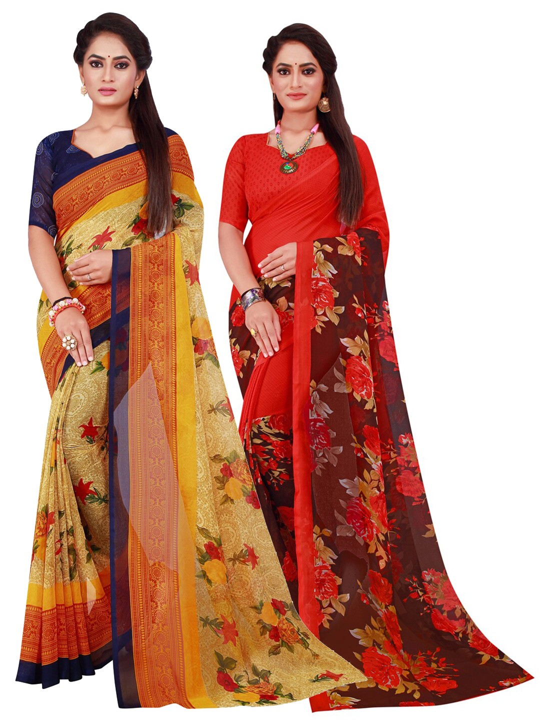 

SAADHVI Beige & Red Pure Georgette Saree