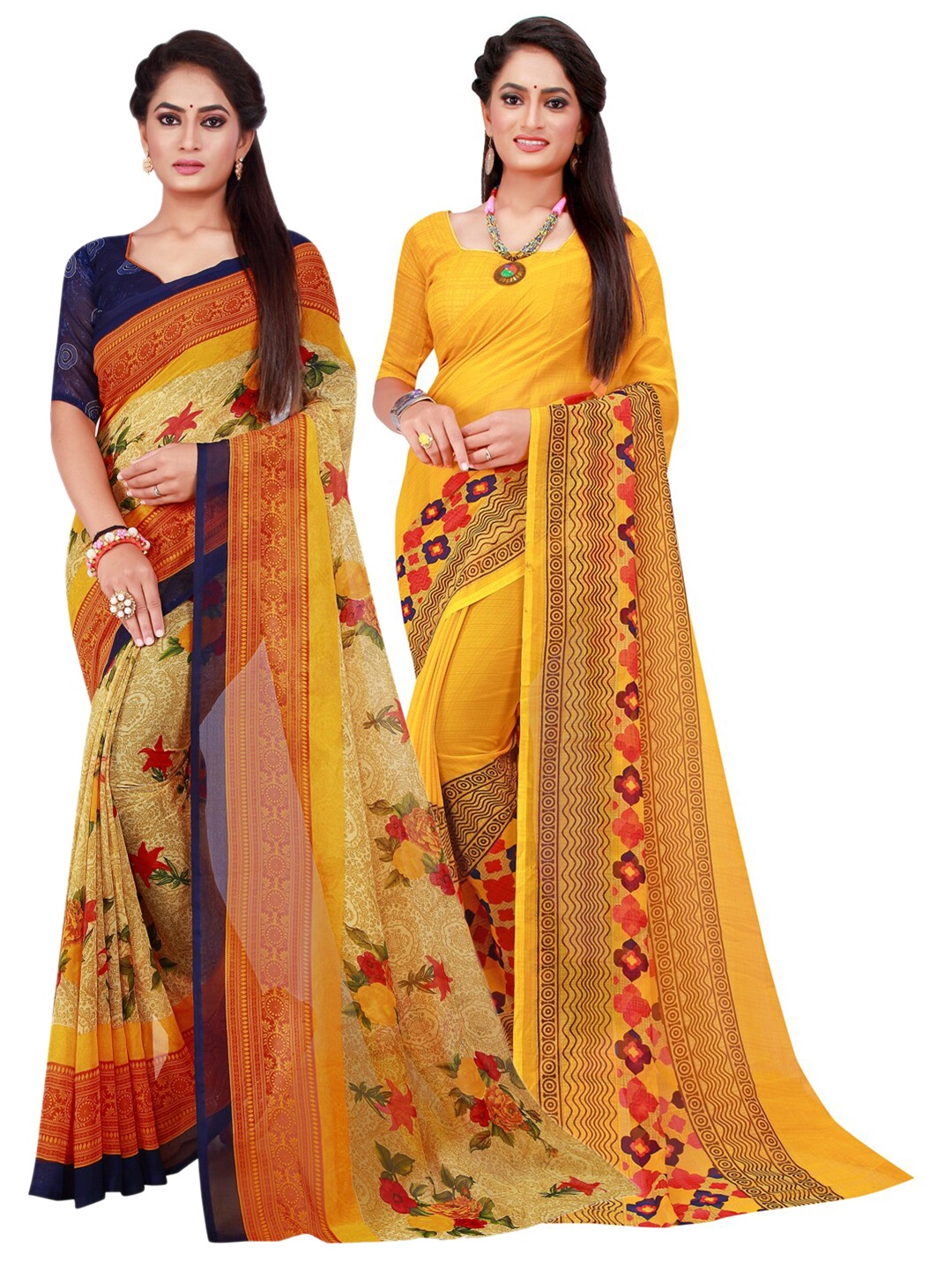 

SAADHVI Yellow & Beige Pure Georgette Saree