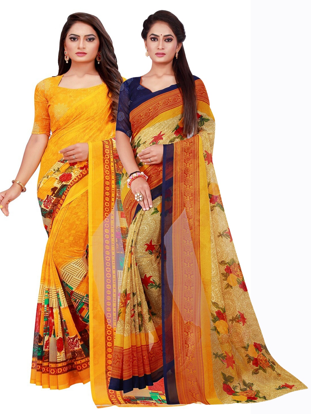 

SAADHVI Beige & Yellow Pure Georgette Saree