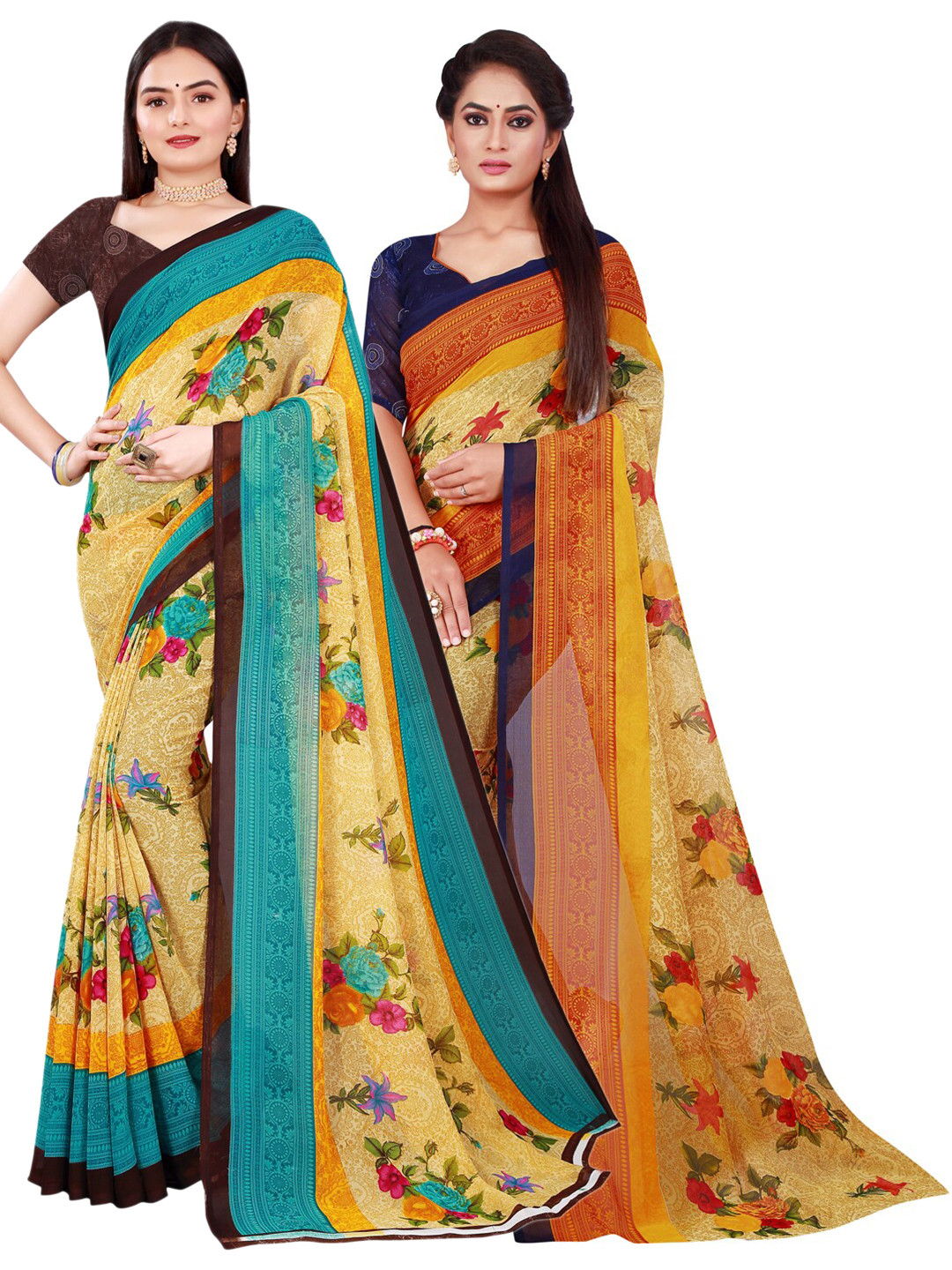

SAADHVI Beige & Blue Pure Georgette Saree